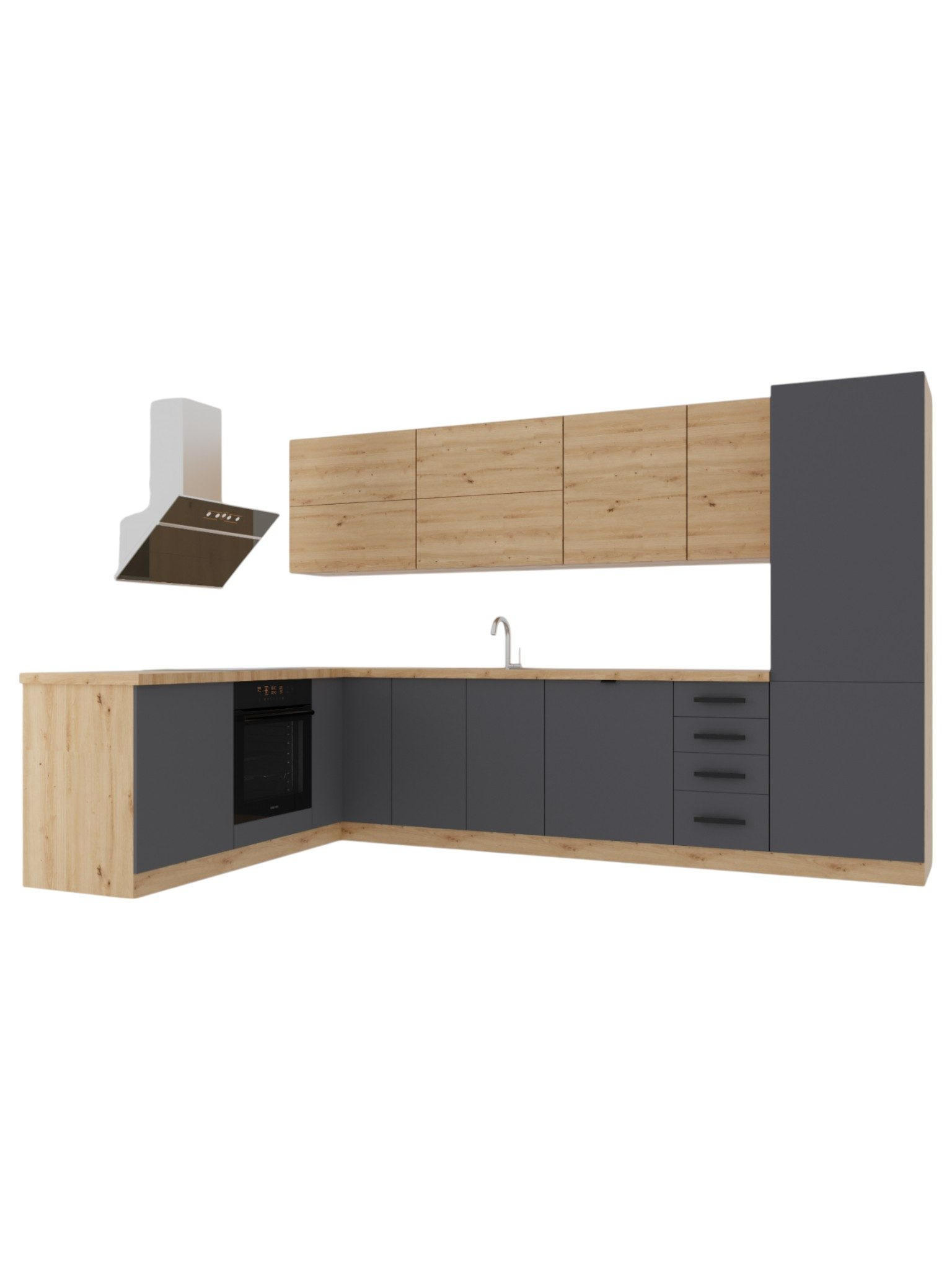 ECKKÜCHE 330 x 210 cm – Nexa K53-G330 – in Grau & Woodline / Matt - Schwarz/Eiche Artisan, Holz/Metall (330/212/58cm) - ROYAL24_MARKT