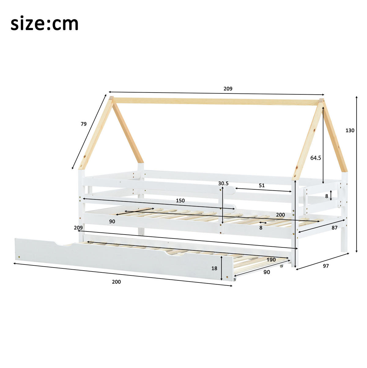 KINDERBETT 90/200 cm in Hausform mit Rollbett aus massivem Kiefernholz - Weiß, Holz (90/200cm) - BEAOK