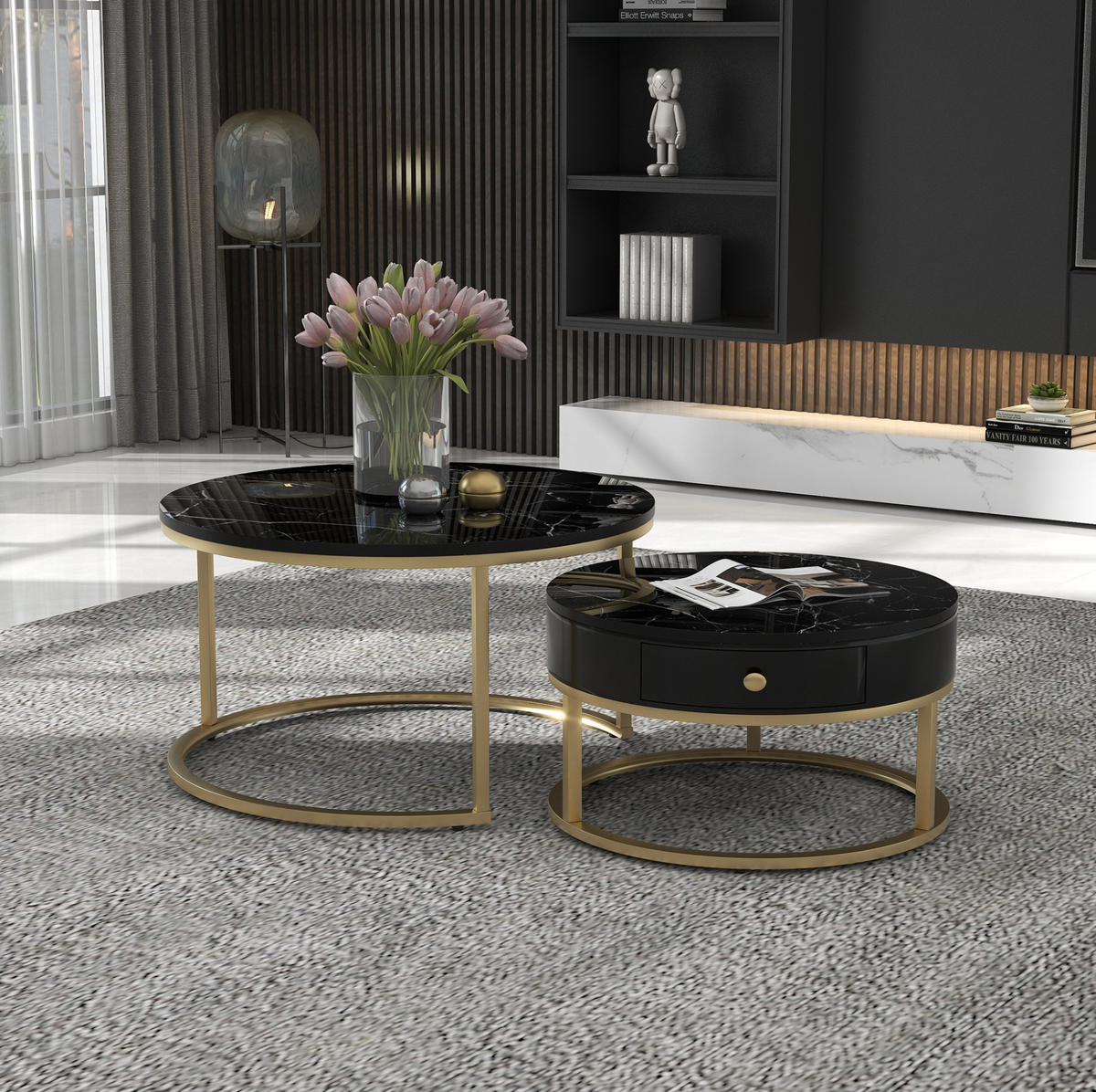 COUCHTISCH-SET 70/70/48 und 50/50/43,5 cm, rund, aus MDF mit Nesting-Design, Hochglanz-Marmormuster und Metallgestell, Schwarz - Schwarz, Holzwerkstoff (70/70/48cm) - Redom