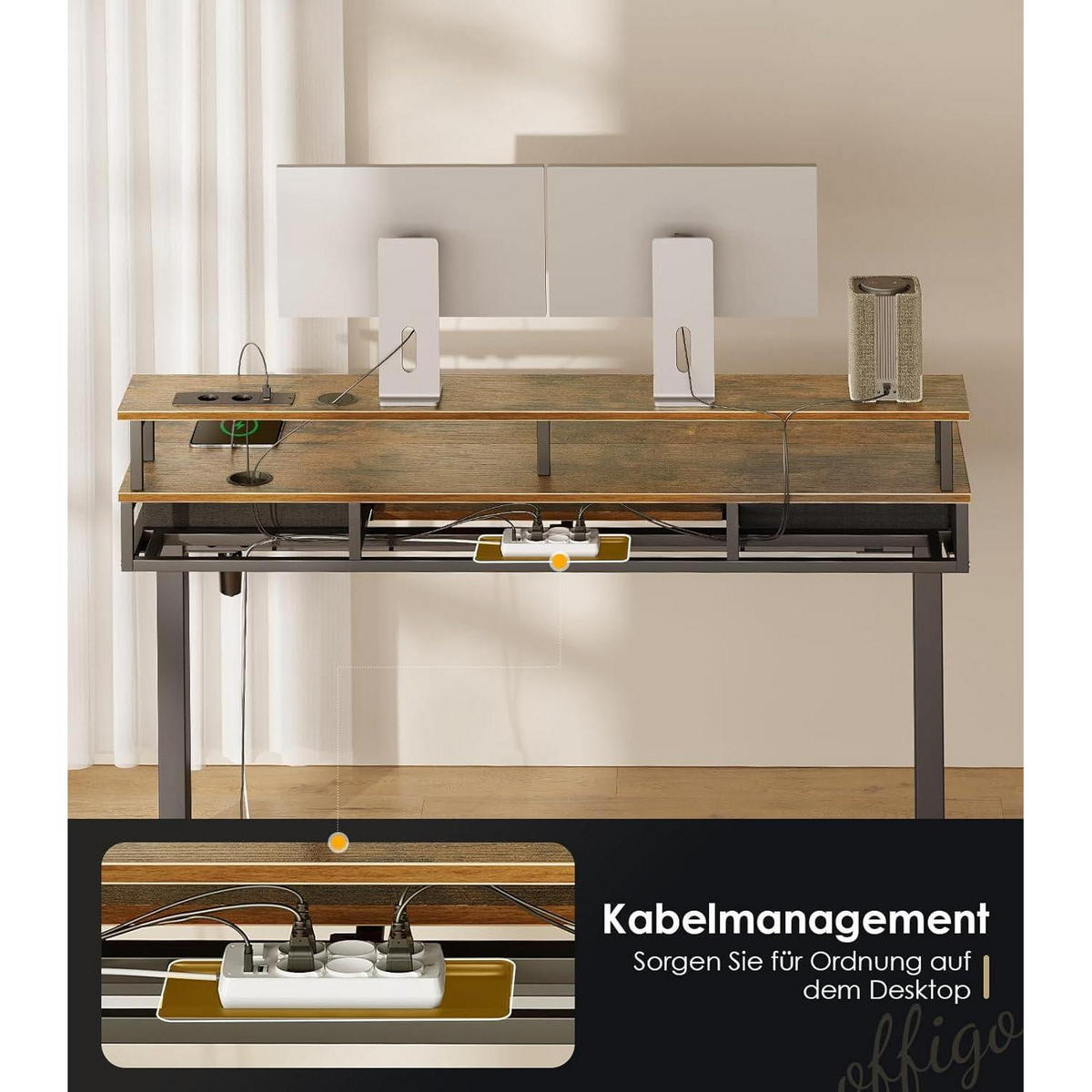 SCHREIBTISCH Höhenverstellbar Elektrisch 120 cm Braun mit Schubladen und LED-Lichtleiste - Braun, Holzwerkstoff (54/120/78.5cm)