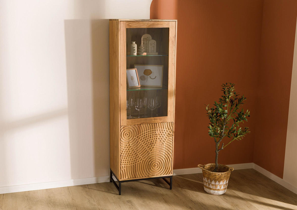 VITRINE Akazie 60x40x180 natur lackiert MARRAKESCH #110 - Braun, Holz (60/180/40cm) - Massivmoebel24