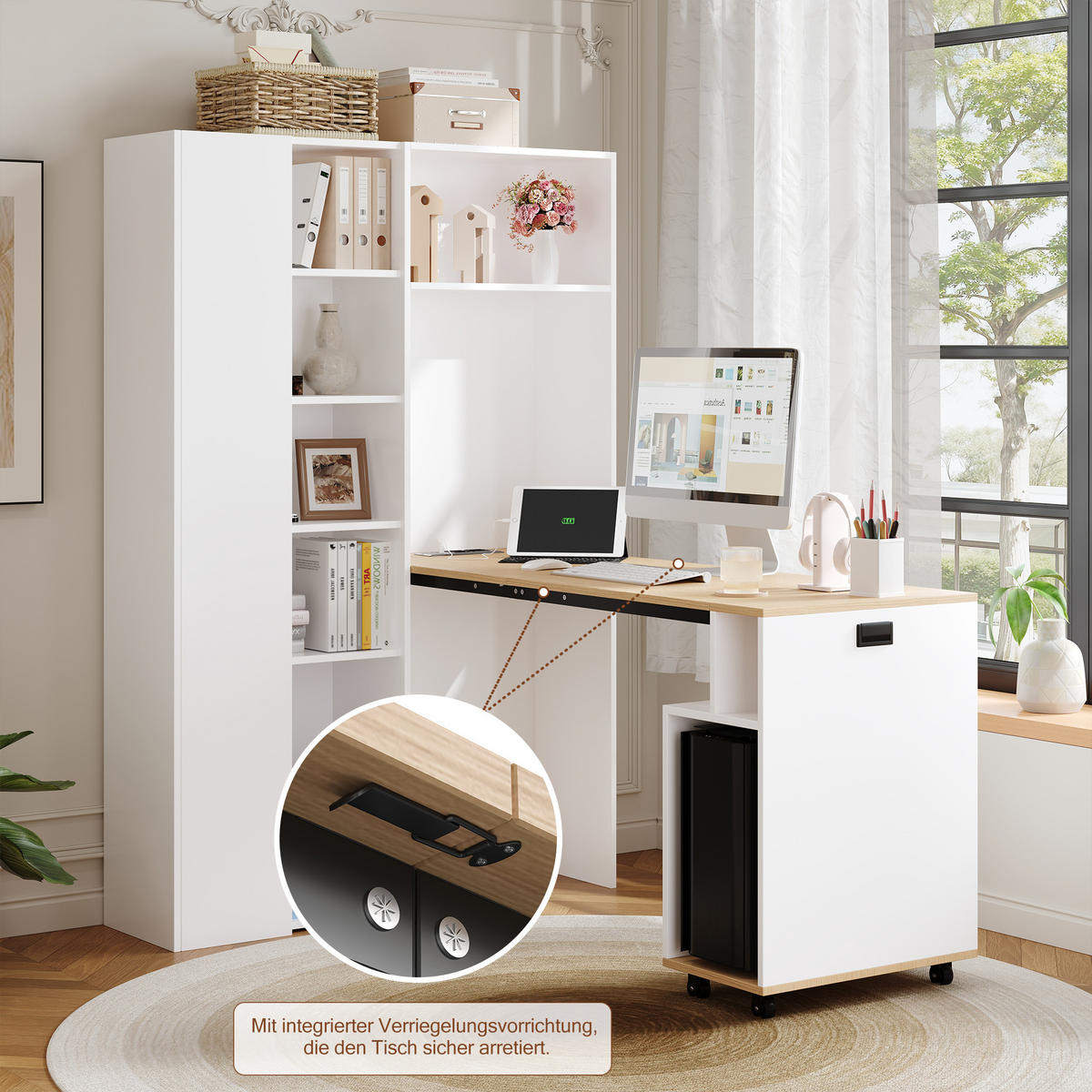 KLAPPBARER SCHREIBTISCH 2-in-1 Bücherregal USB Steckdose weiß links - Weiß, Holzwerkstoff (105/30/160cm) - FLIEKS