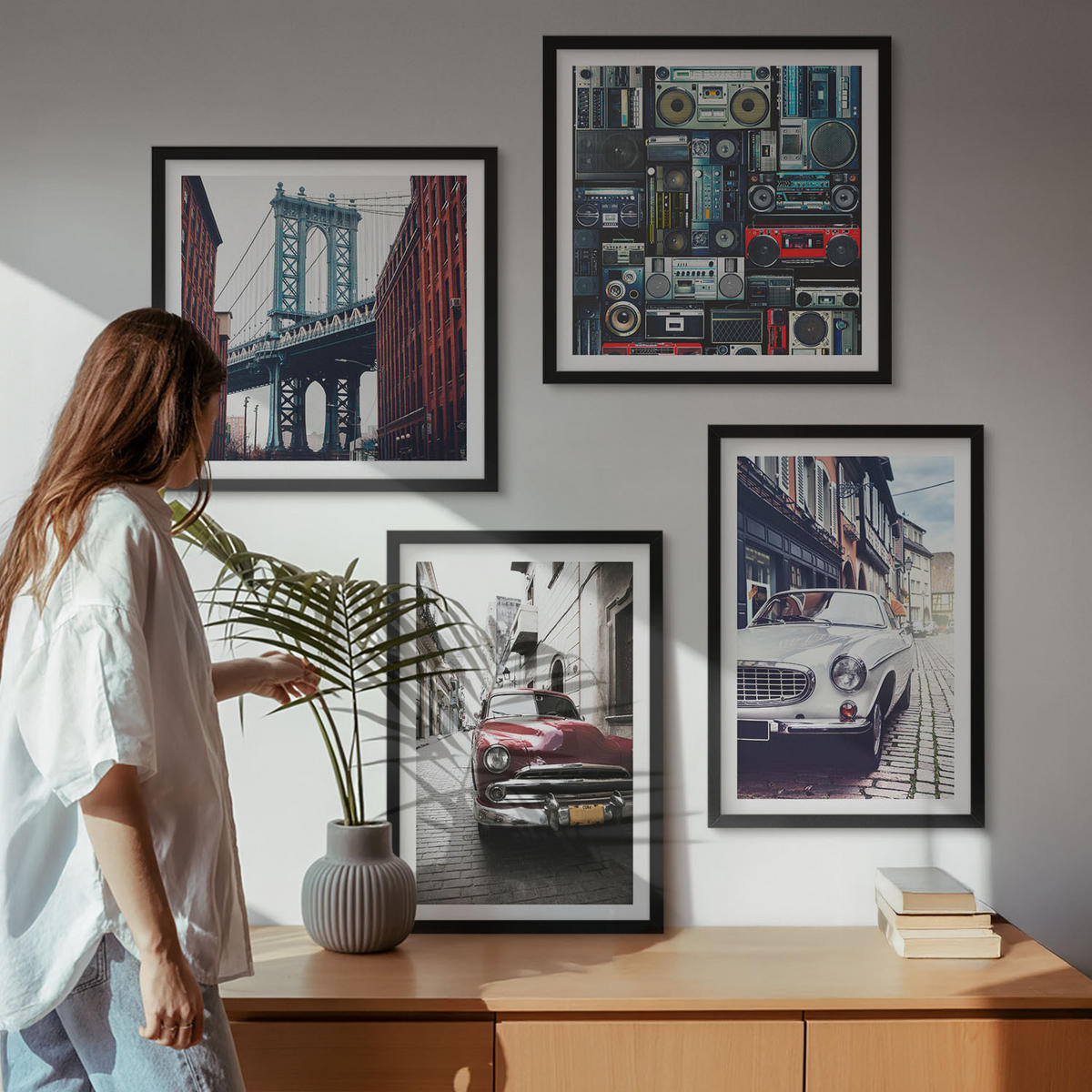 WANDBILDER 4er-Set - 50x50 cm & 40x60 cm Schwarzer Rahmen - Old Cars Brooklyn Retro-Audio - Schwarz, Kunststoff (50/50cm) - ArtPrintCave
