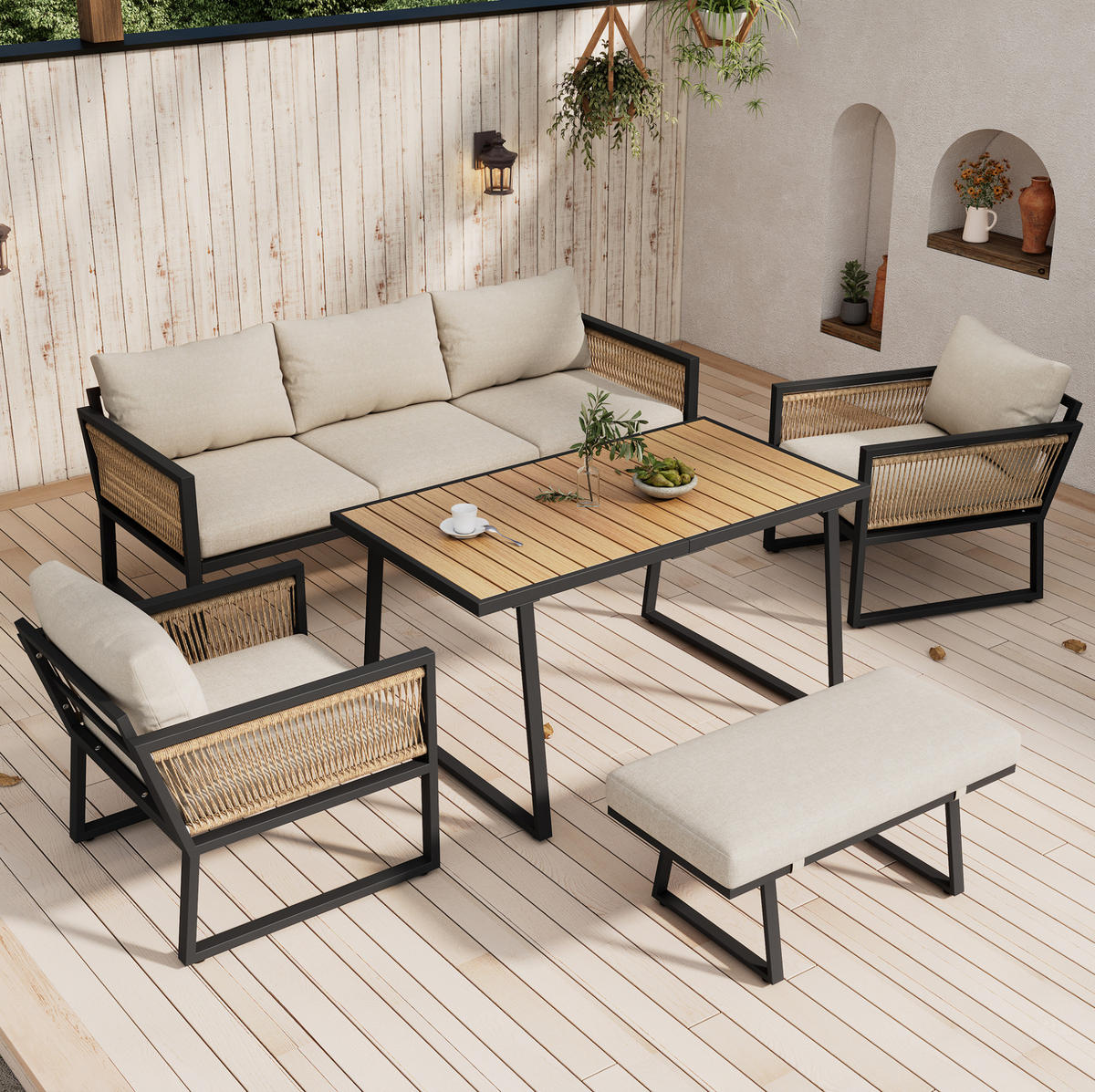 5-TLG. Gartenmöbel-Set mit Esstisch, 3-Sitzer-Sofa, 2 Sesseln und Hocker, mit Seilgeflecht und Kunststoffholzplatte, Beige - Beige, Textil - Redom