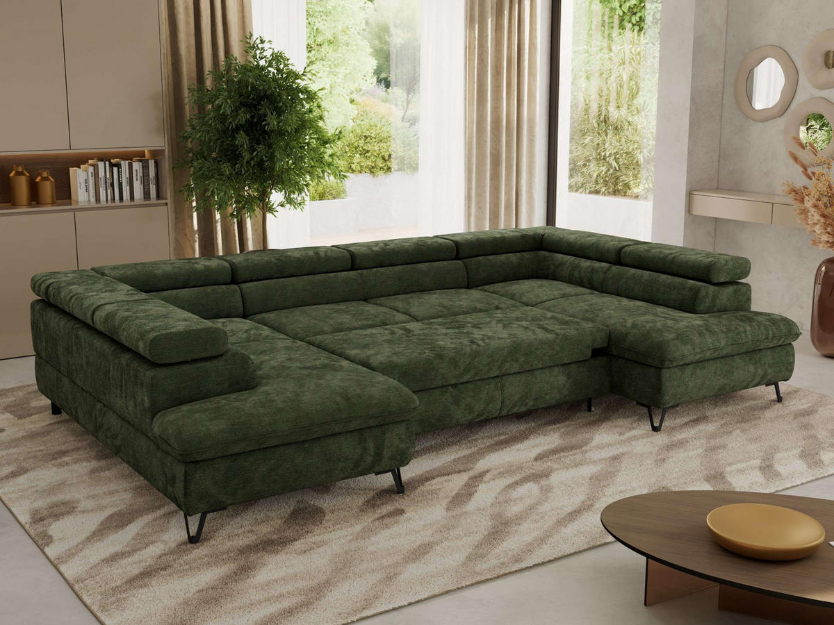 WOHNLANDSCHAFT PABLO U Schenille glatt Dunkelgrün - Dunkelgrün/Schwarz, Textil/Metall (346/76/208cm) - MKS