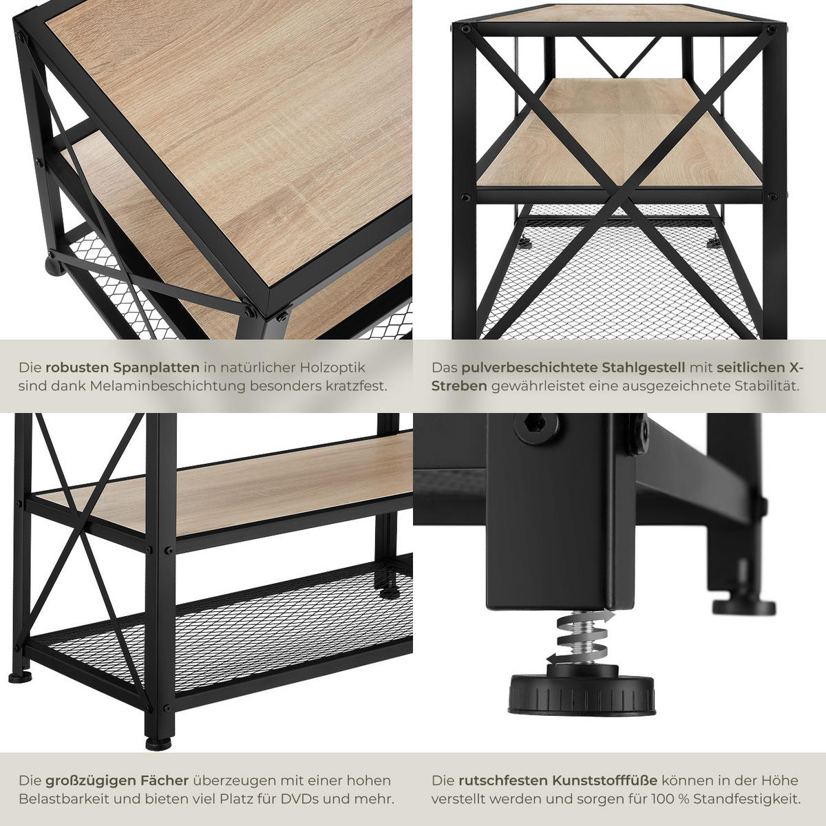 TV-REGAL Chicago,141 x 41,5 x 50,5 cm,Industrial Holz hell, Eiche Sonoma - Naturfarben, Holzwerkstoff (41.5/50.5/141cm) - tectake