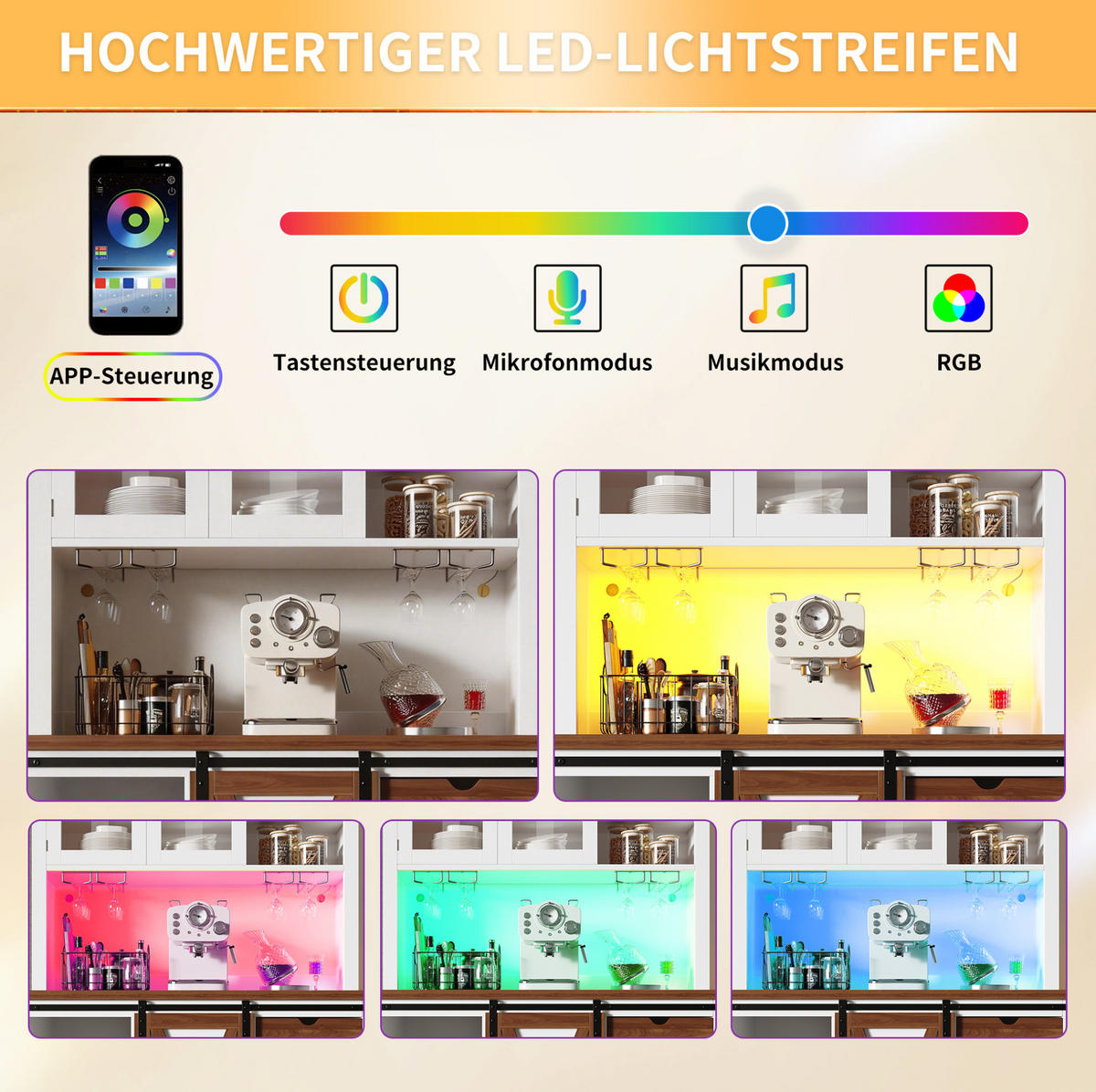 BUFFETSCHRANK 104/40/180 cm mit LED-Beleuchtung, App-Steuerung und Schiebetür mit Glasfront, Weiß - Weiß, Glas (104/180/40cm) - Redom
