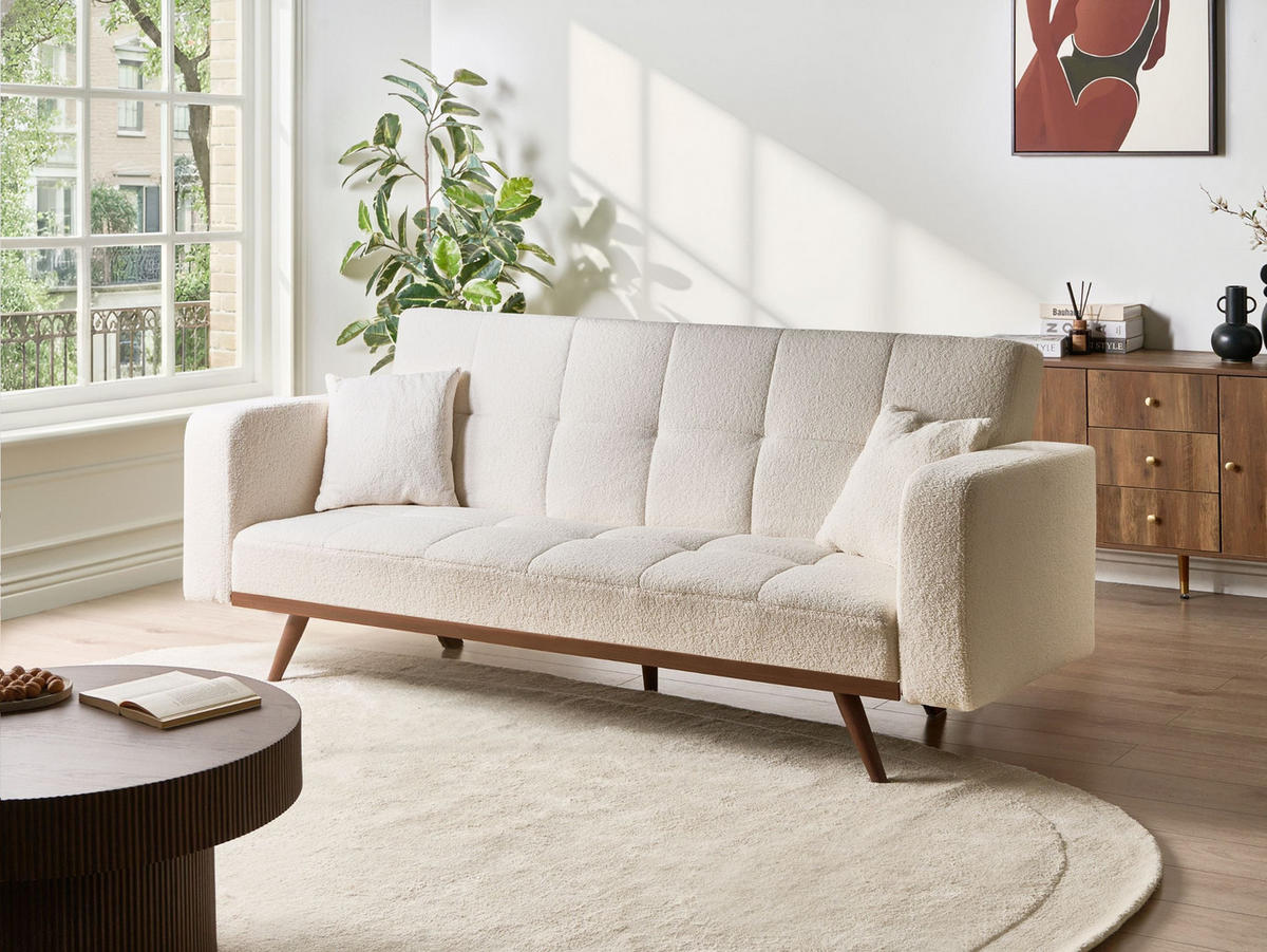 SCHLAFSOFA 3-Sitzer Bouclé Cremeweiß Hjulby - Creme, Textil (220/90/82cm) - Beliani