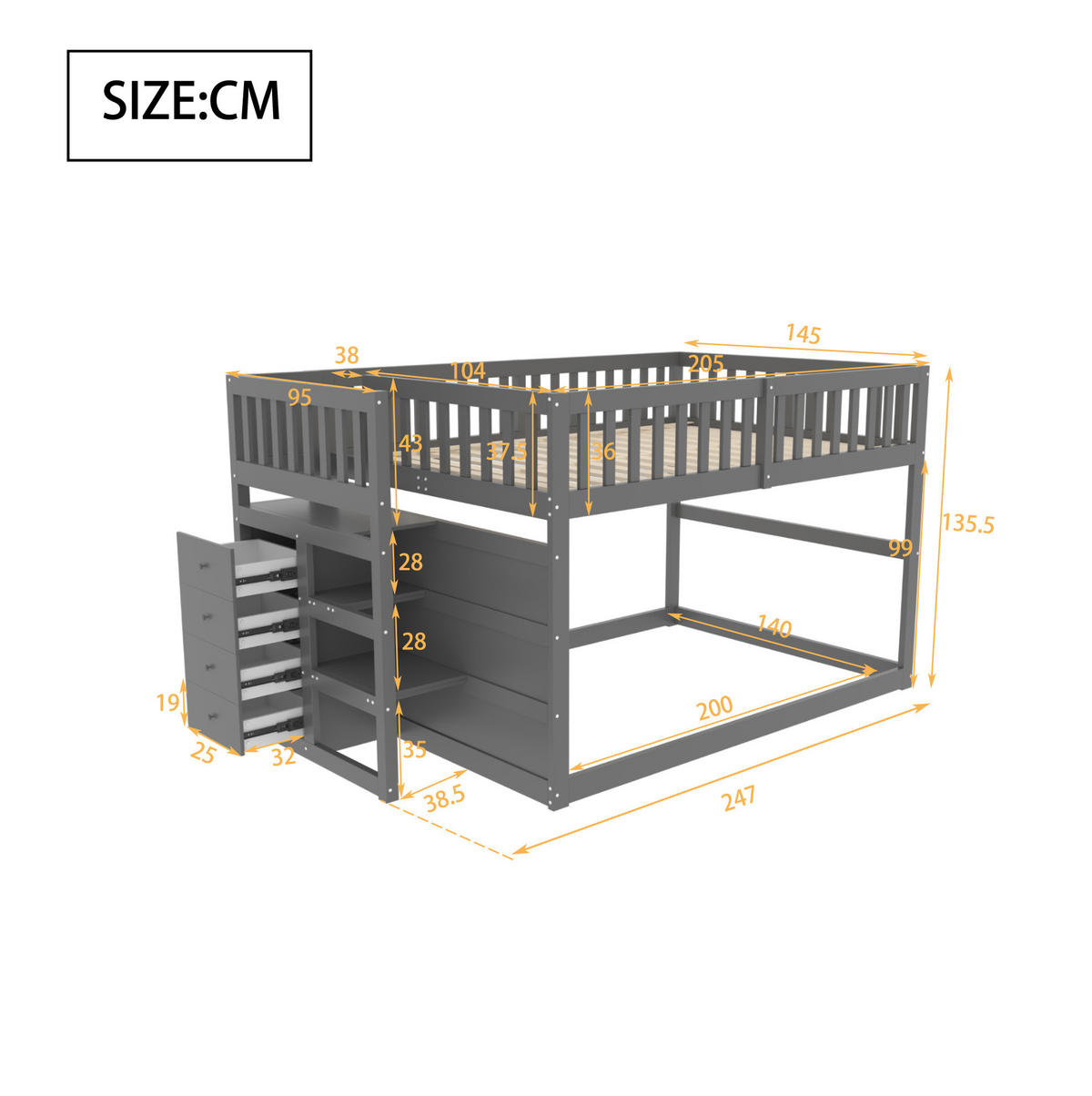 ETAGENBETT niedrig mit Treppe und 4 Schubladen 140x200 cm Grau - Grau, Holzwerkstoff (140/200cm) - Beauniv