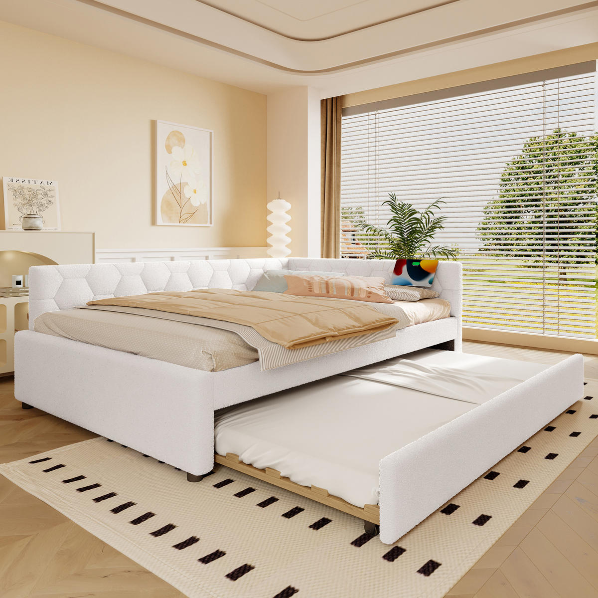TAGESBETT 140/200 cm mit Ausziehbett, USB- und USB-C-Anschluss, Nachttischlampe und Vliesimitat, Weiß - Weiß, Textil (140/200cm) - Redom