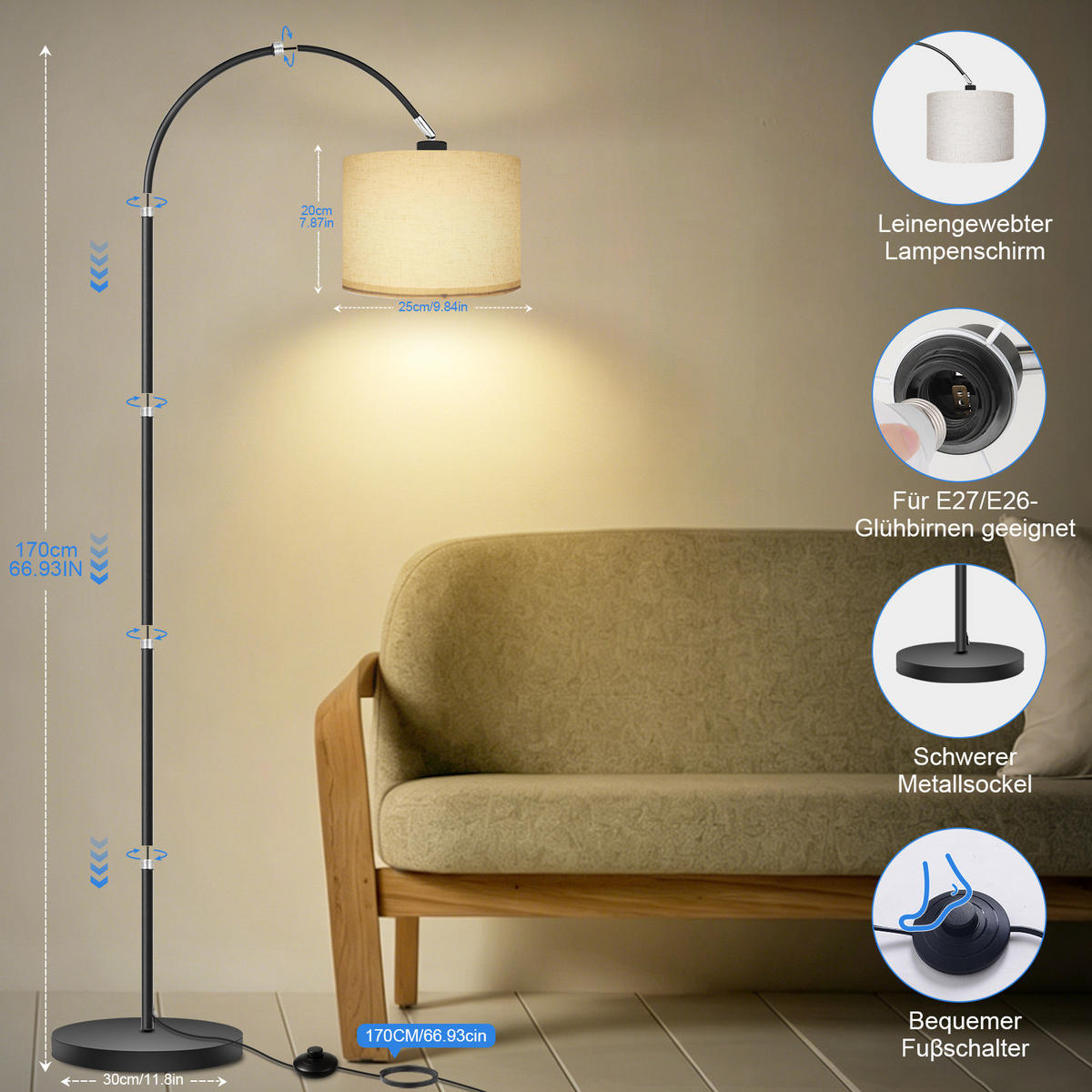 STEHLEUCHTE FL1131A LED Wohnzimmer - Schwarz, Metall (25/25/170cm) - LOVHAUS