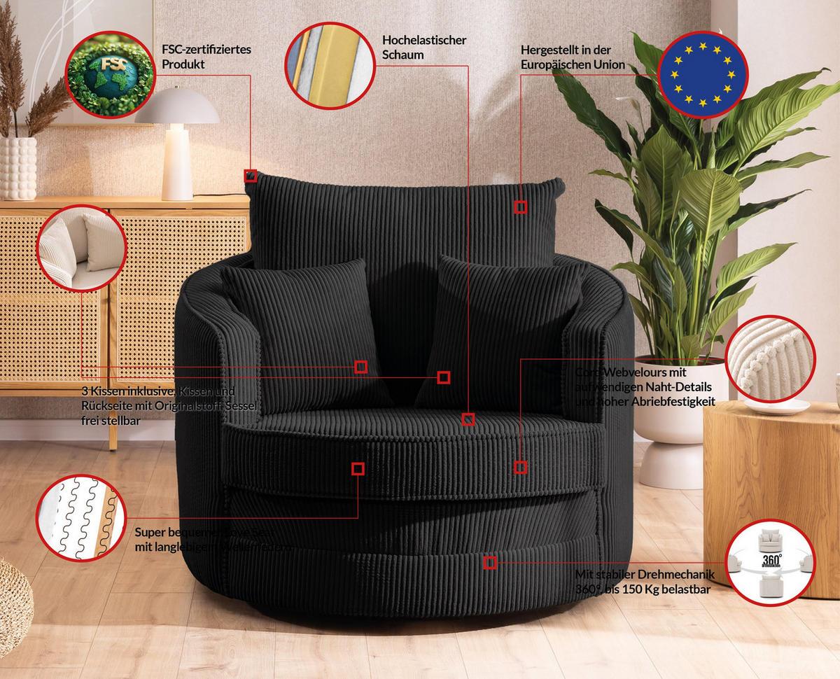DREHSESSEL Ted aus Schwarz Cord-Stoff - Schwarz, Holz/Textil (107/94/100cm) - S-Style Möbel