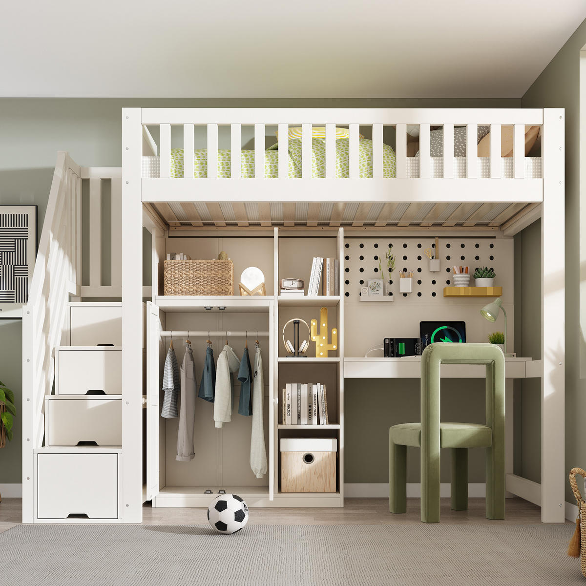 HOCHBETT 90/200 cm DE-00905, in Weiß, Schreibtisch und Kleiderschrank - Weiß, Holz (90/200cm) - ComfortXL