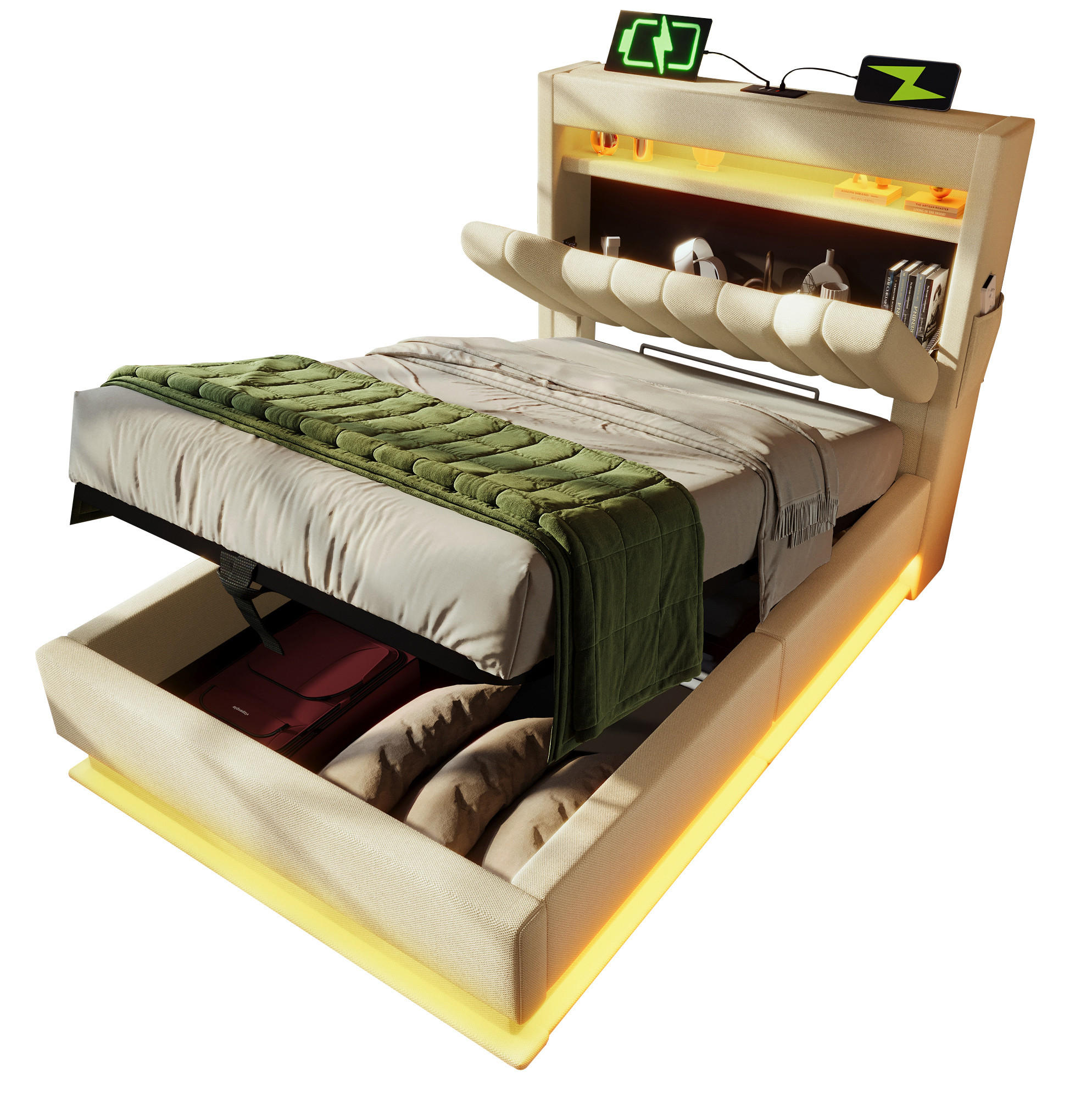 POLSTERBETT 90/200 cm Beige mit Stauraum, LED-Beleuchtung und Matratze - Beige, Textil (90/200cm) - Flora Grace