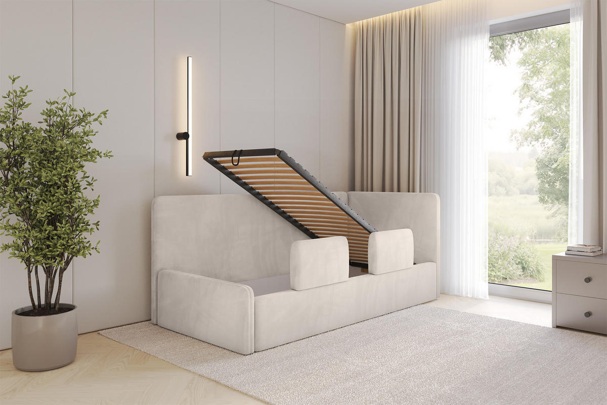 EINZELLBETT Jugendbett mit Bettkasten und Matratze H3/H4, Links - NORY 90x200 Beige - Ecru, Holzwerkstoff/Textil (90/200cm) - ALTDECOR
