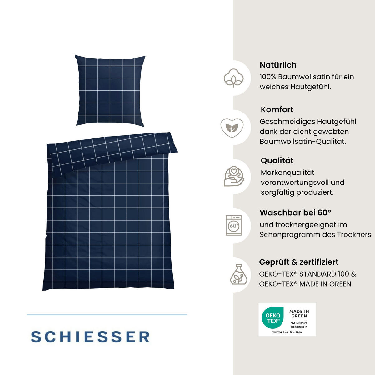 BETTWÄSCHESET Josh - Baumwollsatin - 2-teilig - 135 x 200 cm - Dunkelblau - Dunkelblau, Textil (135/200cm) - SCHIESSER