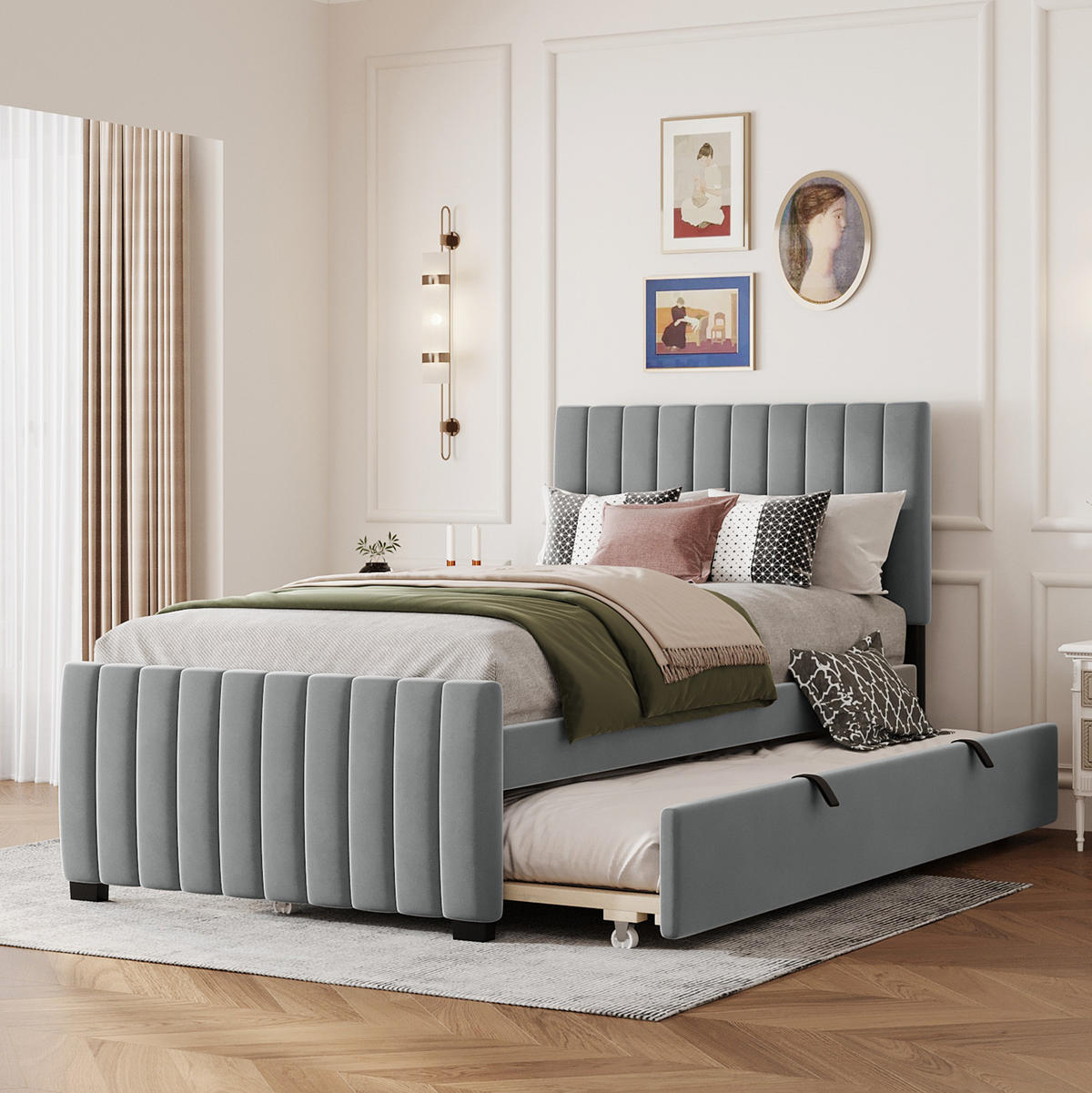 POLSTERBETT 90/190 cm aus Samtstoff mit ausziehbarem Gästebett Grau - Grau, Textil (90/190cm) - Modenvie