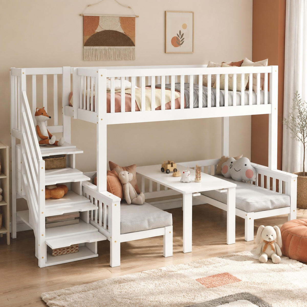 HOCHBETT 90/200+120/200 mit Klapptisch, Stauraumtreppe und Geländer in Weiß - Weiß, Holzwerkstoff (90/200cm) - EVRYAE