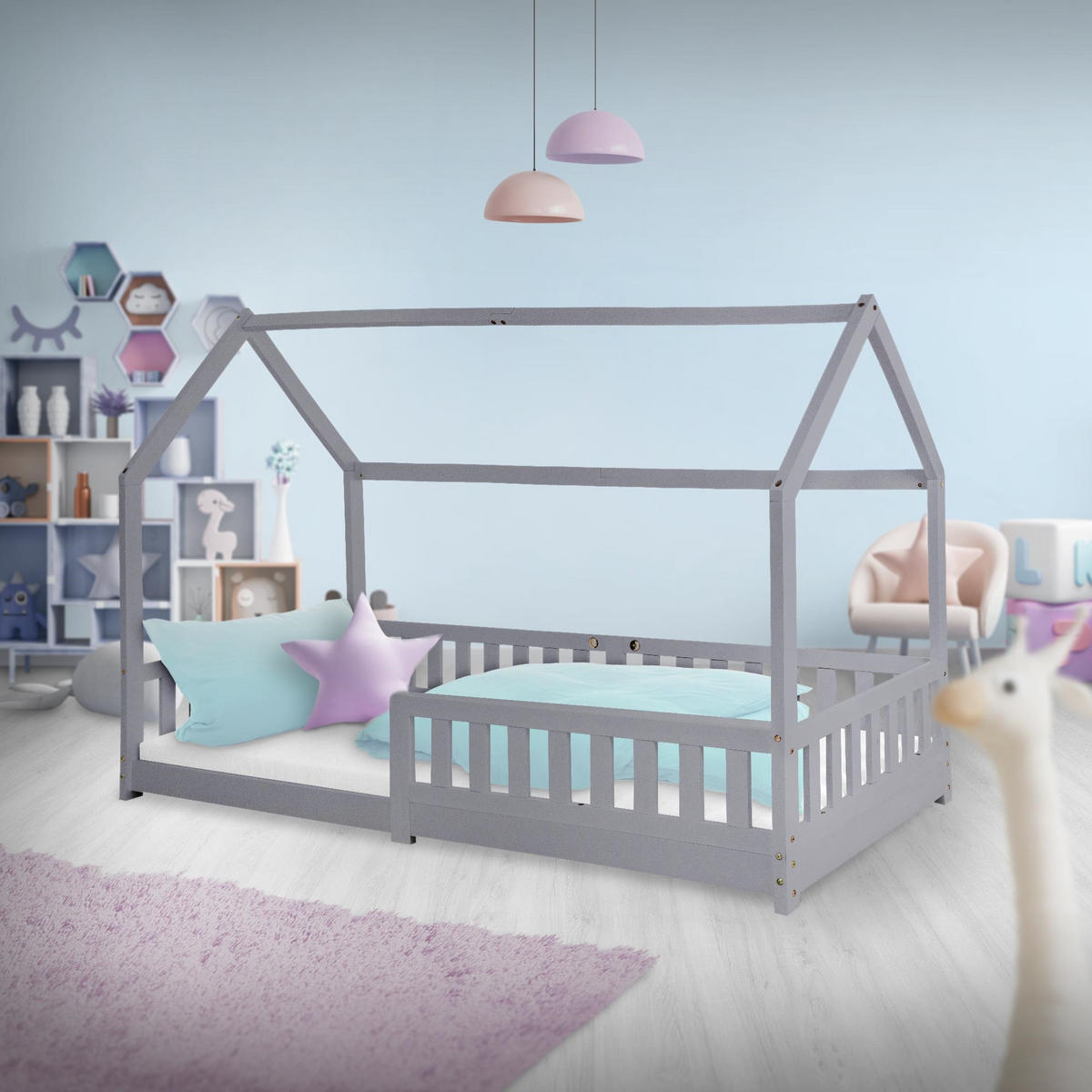 KINDERBETT mit Dach 90x200 cm Hellgrau - Hellgrau, Holz (90/200cm) - ML-DESIGN