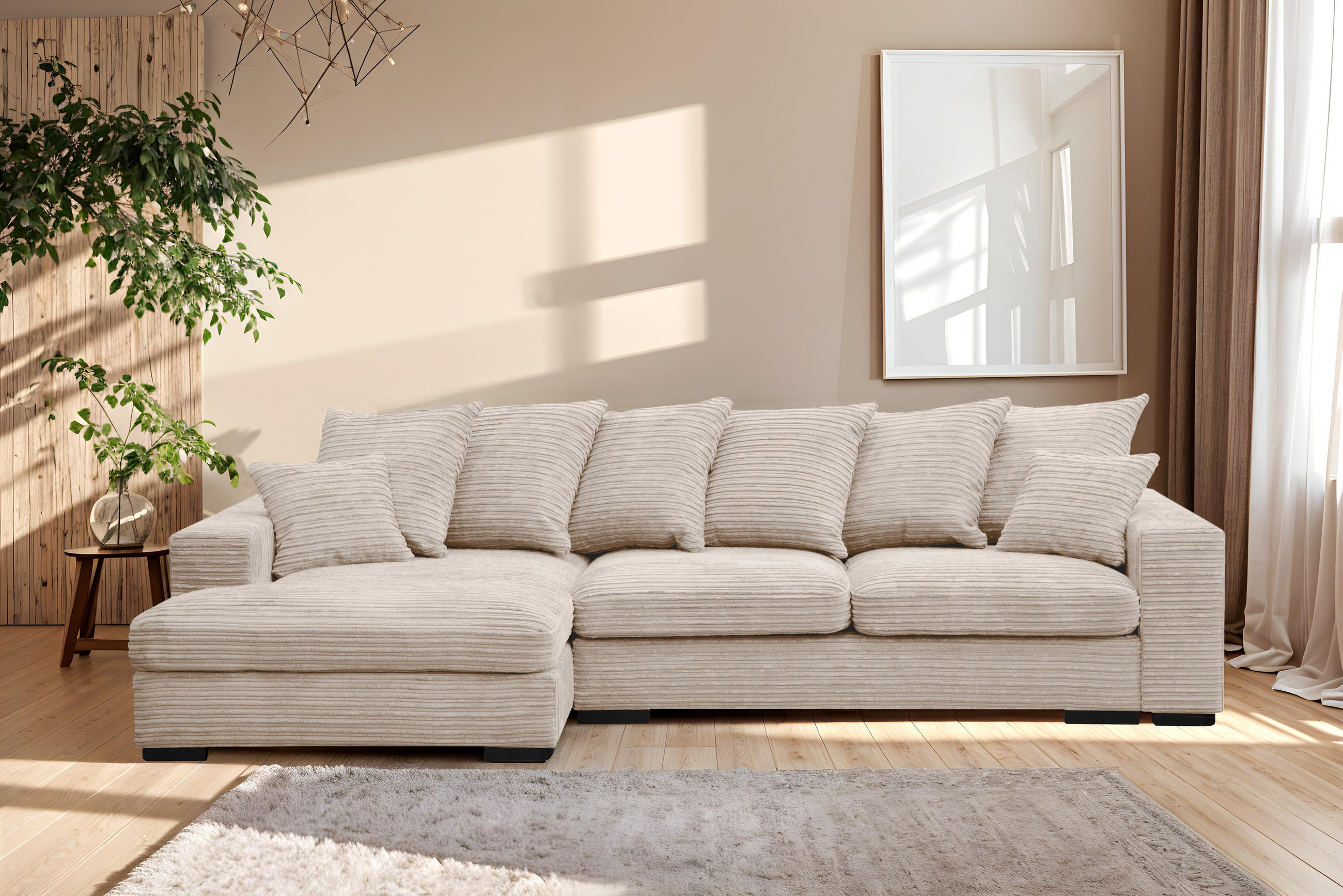 ECKSOFA Mit Schlaffunktion Und Bettkasten Couch L-form Gabon Stoff Zoom Creme Links - Creme, Holz (155/285cm) - Kaiser Möbel