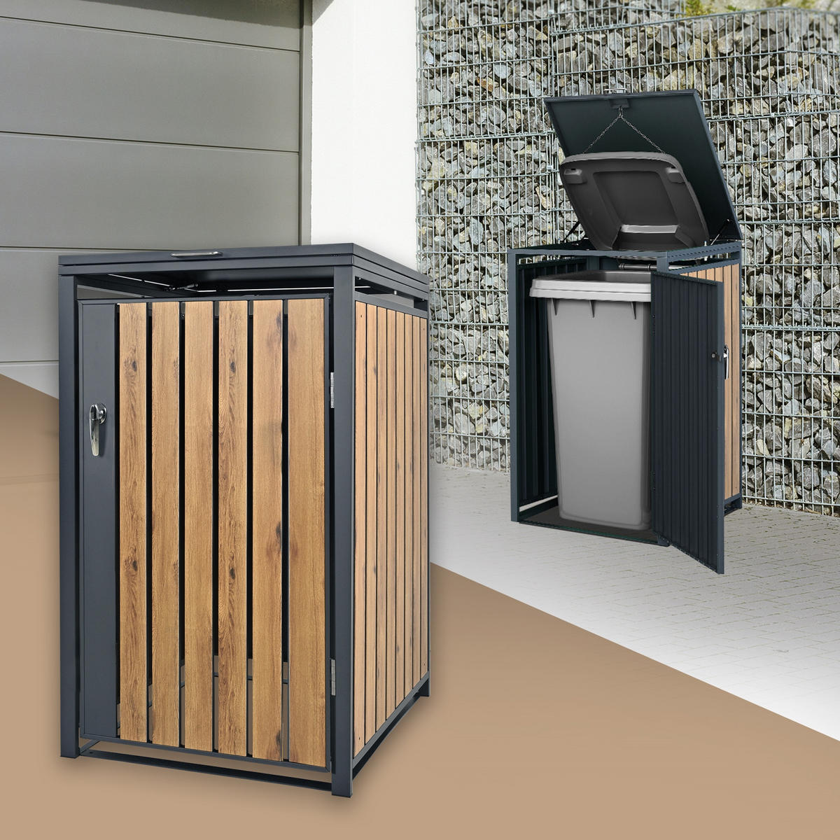 MÜLLTONNENBOX 1er Anthrazit-Eichenoptik - Dunkelbraun, Metall (80/116.3/68cm) - ML-DESIGN