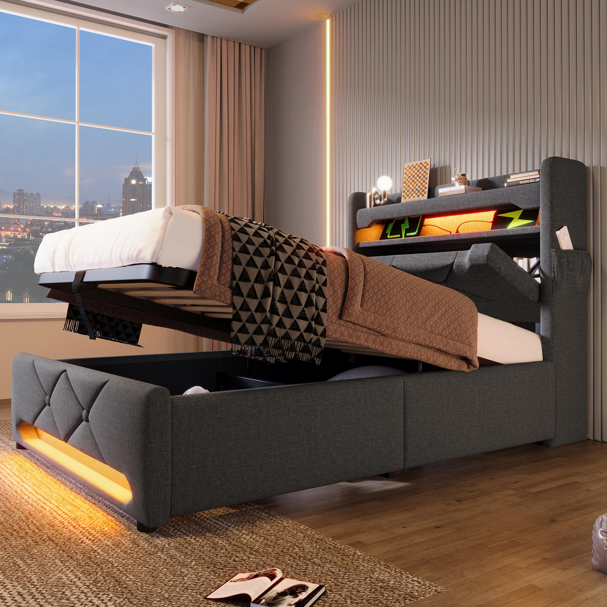 BETT mit LED, USB und Stauraum 90x200 cm Leinen Grau - Grau, Metall (90/200cm) - Meubliv