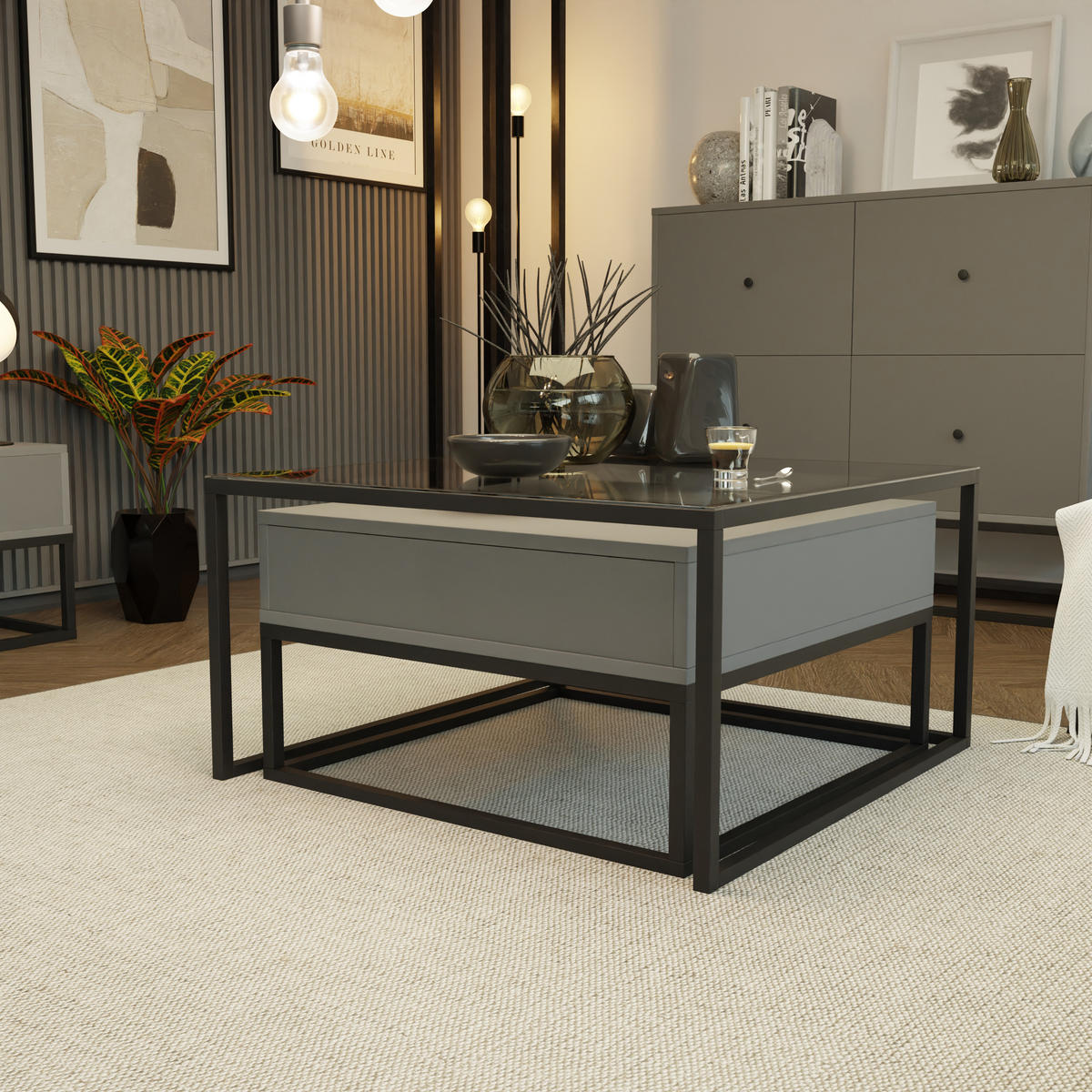 COUCHTISCH quadratisch Grau, MDF/Glas Tischplatte, Rahmen Schwarz - Schwarz/Grau, Holzwerkstoff (70/70/42cm) - Idohome