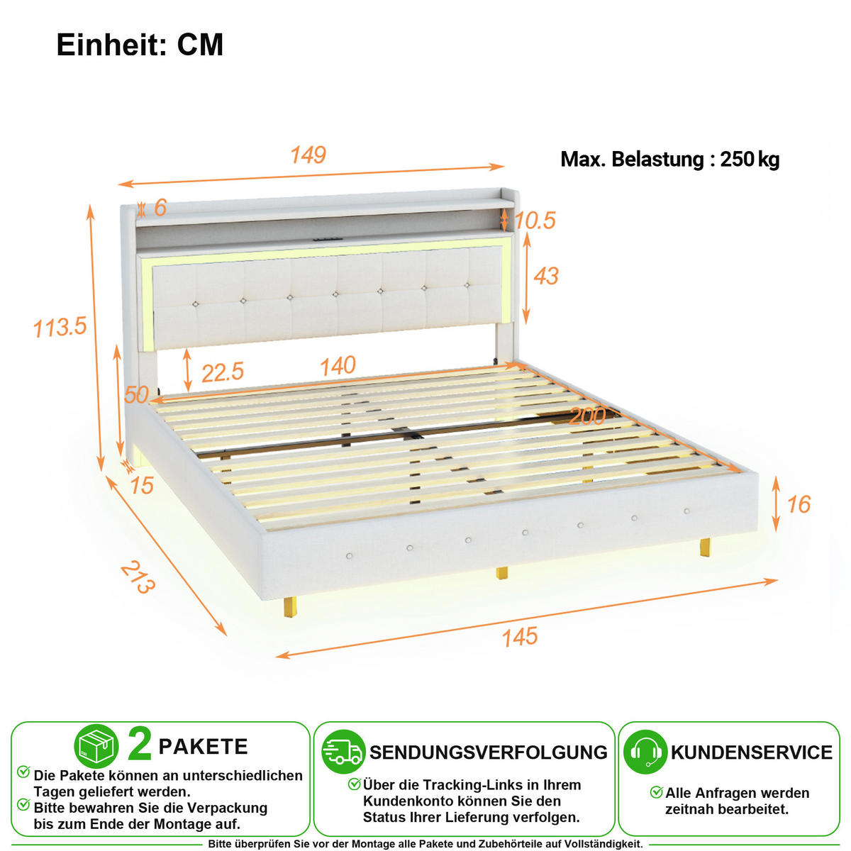 POLSTERBETT 140/200 cm in Beige Leinen mit LED und USB - Beige, Holzwerkstoff/Textil (140/200cm) - CHICFURN