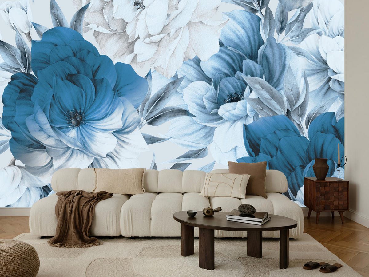 FOTOTAPETE für Wohnzimmer Blaue Pfingstrosen Zart Blumen Boho 500x350 - Blau/Weiß, Papier (500/350cm) - Muralo