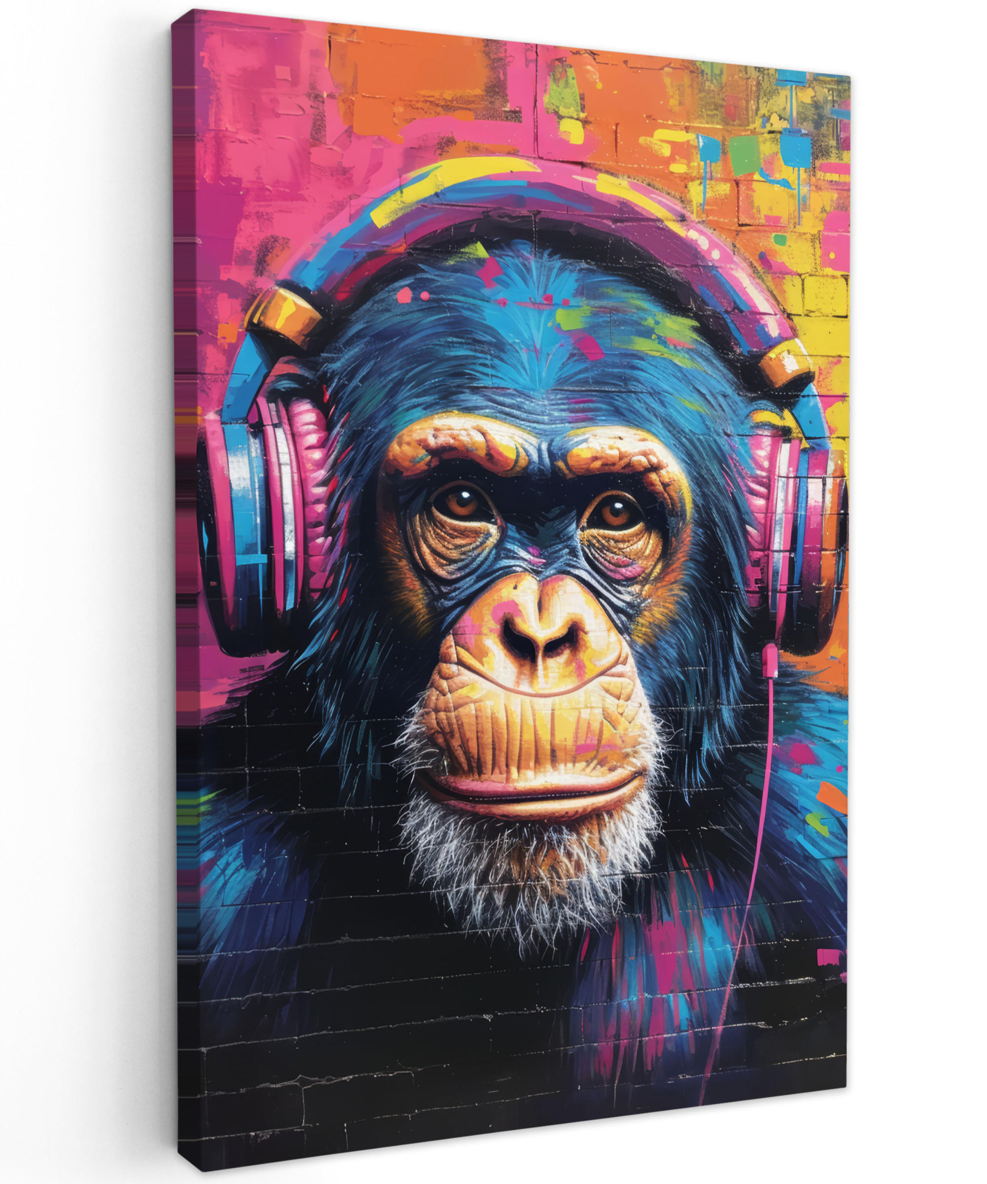 MuchoWow OBRAZ NA PLÁTNĚ Graffiti - Šimpanz - Street art - Sluchátka - Opice 60x90 cm