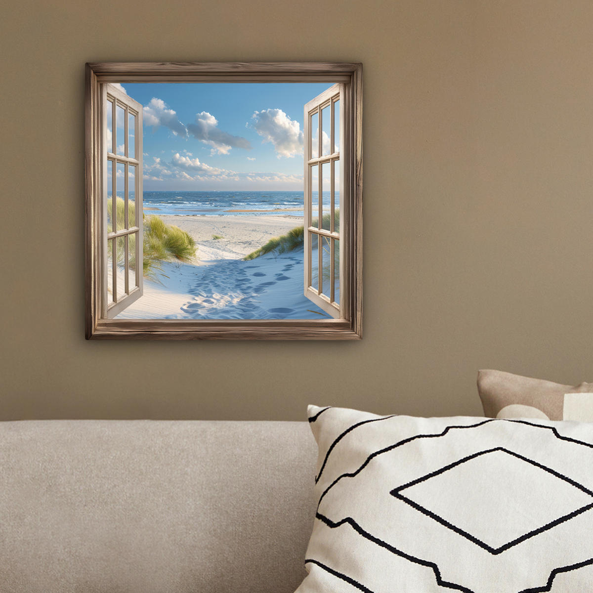 LEINWANDBILD Aussicht - Strand - Fenster - Dünen - Meer 20x20 cm - Hellblau, Textil (20/20cm) - MuchoWow