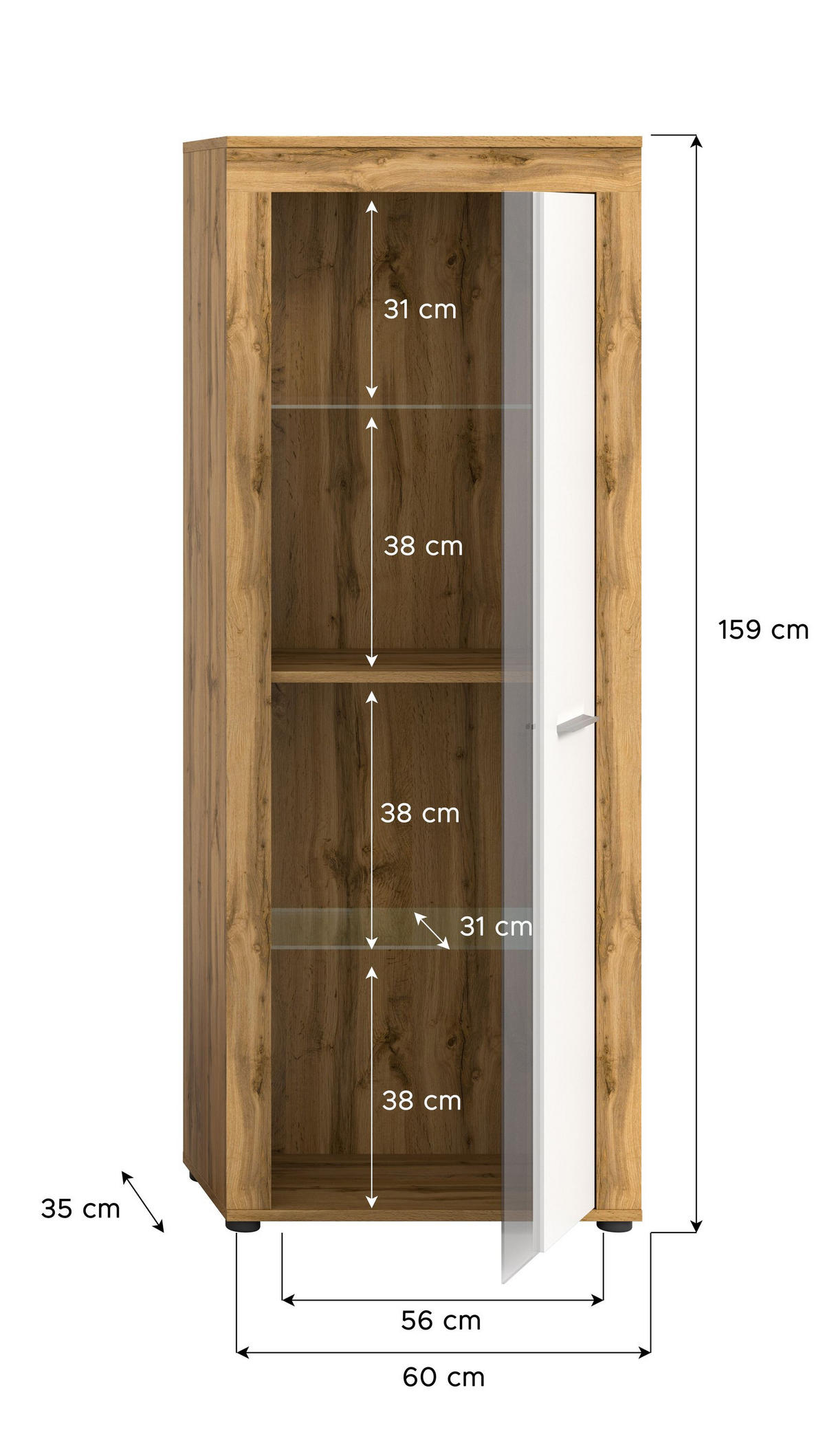 VITRINE JAM (B/H/T: ca. 60/159/35 cm) in Wotan Eiche Nachbildung/weiß - Eiche Wotan, Holzwerkstoff (60/159/35cm)