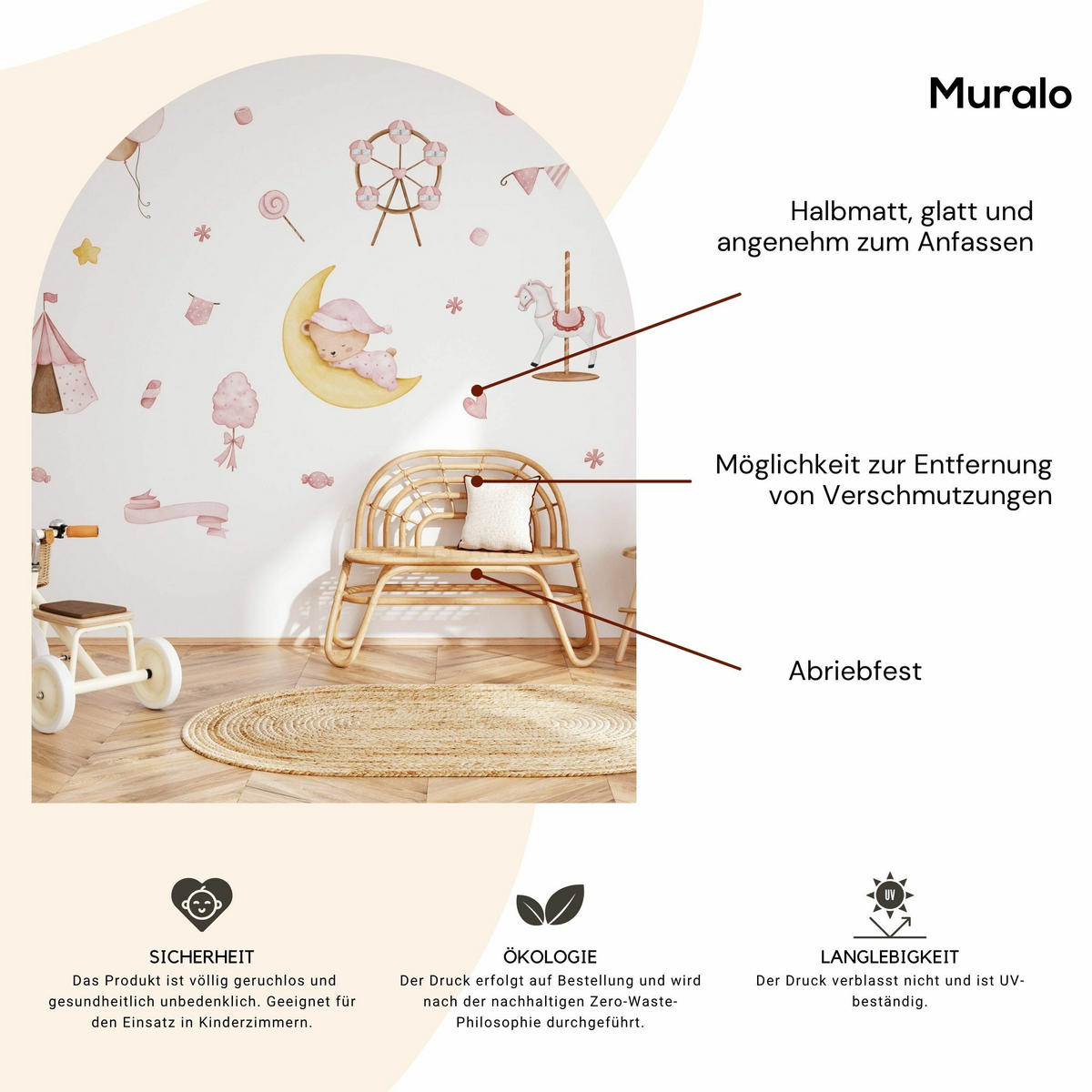 WANDSTICKER Teddybär auf dem Mond Sterne Ballons 60x30 - Gelb/Rosa, Papier (60/30/1cm) - Muralo