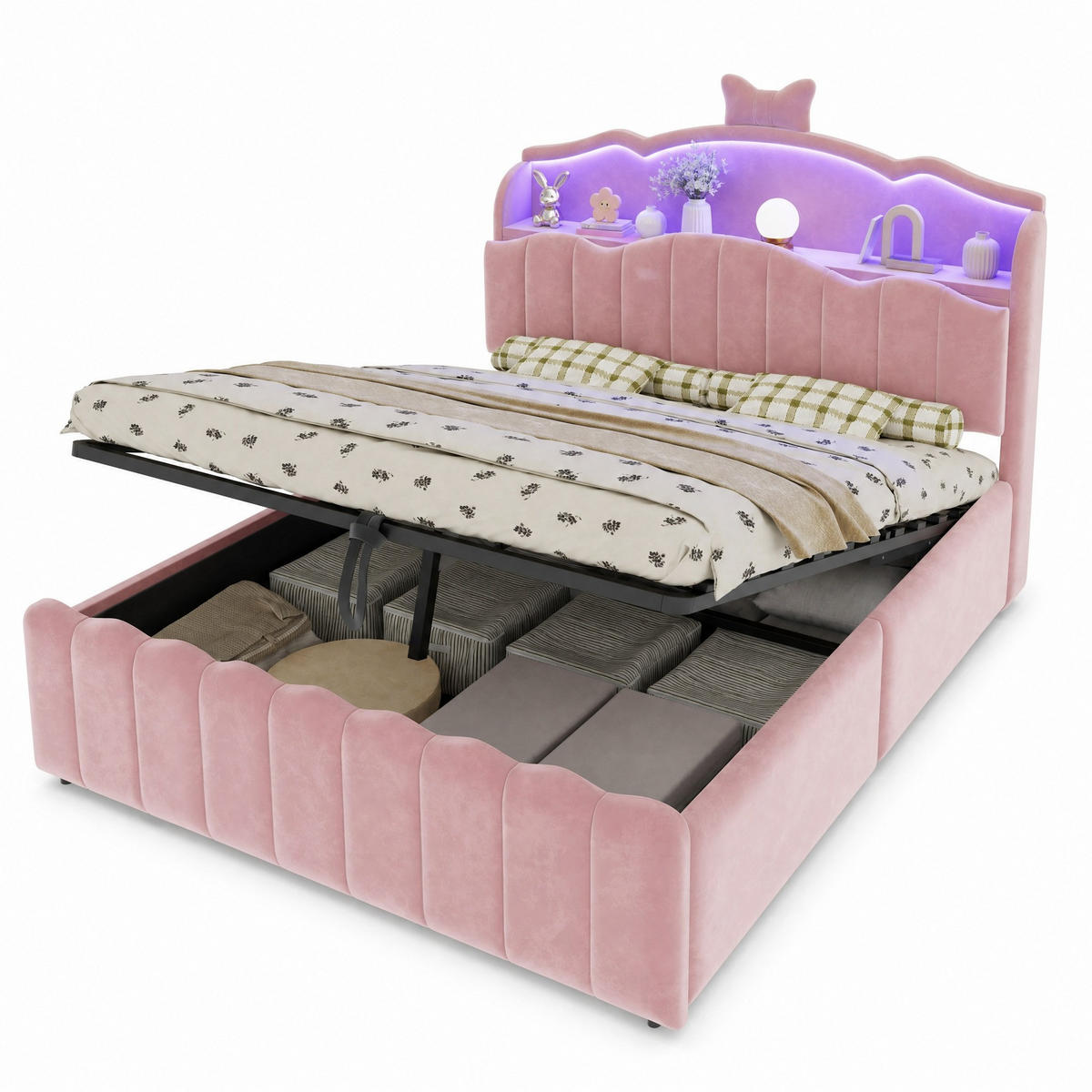 KINDERBETT 140/200 cm in Rosa mit Bettkasten, LED und USB-C Samt - Rosa, Holzwerkstoff/Textil (140/200cm) - CHICFURN