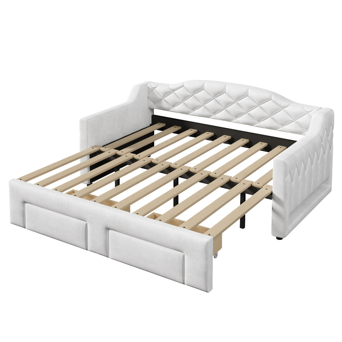 DENNÁ posteľ 90/200 cm biela rozkladacia na 180/200 cm s LED a zásuvkami z MDF, preglejky a zamatu - biela, textil (90/200cm) - OKWISH