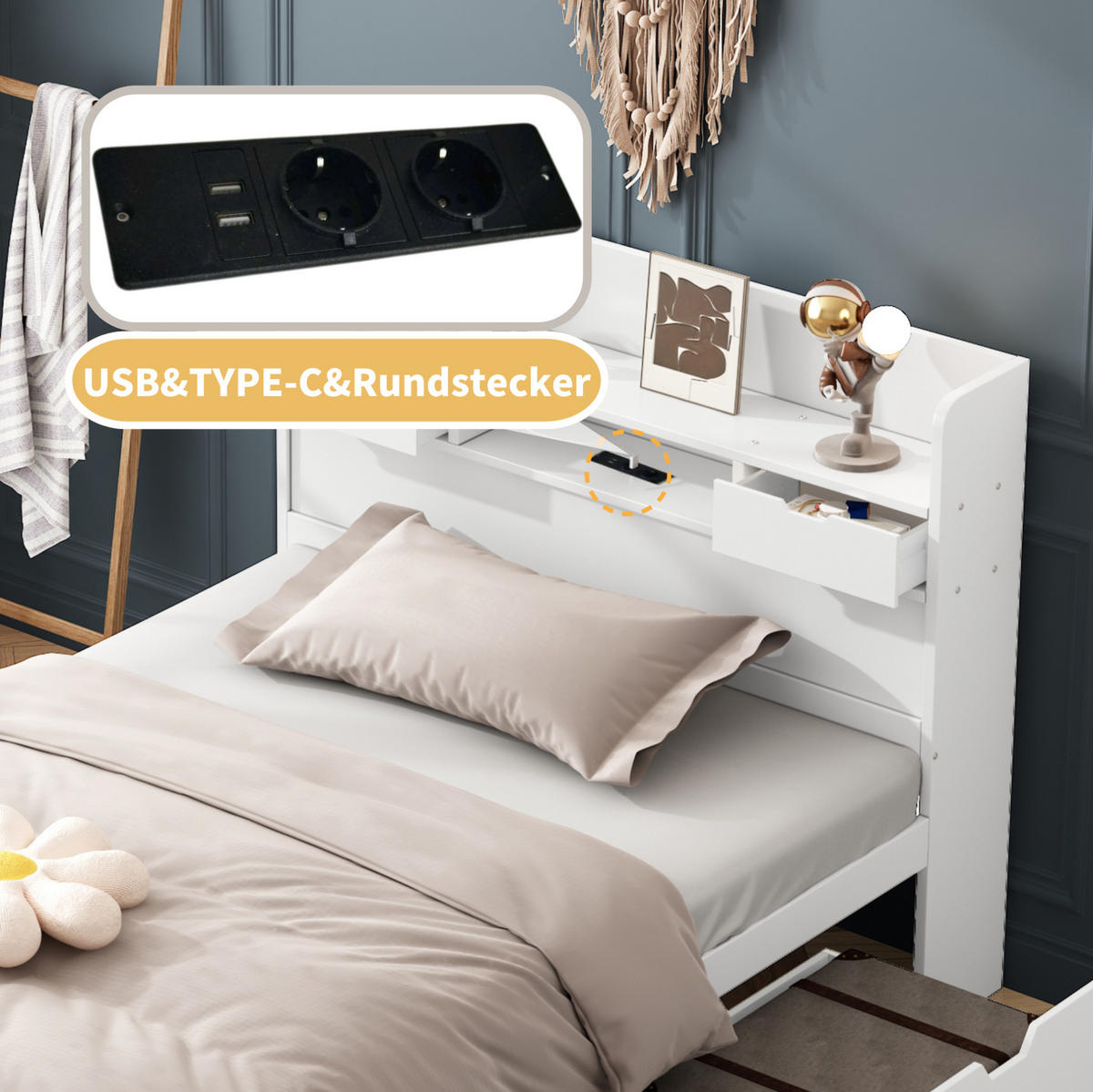 KINDERBETT 90/190 cm mit USB-Anschluss, Steckdosen und viel Stauraum aus MDF, Weiß - Weiß, Holzwerkstoff (90/190cm) - Redom