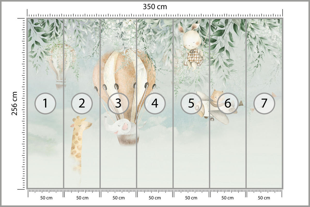 FOTOTAPETE für Kinderzimmer Tiere Wolken Ballons Giraffe Elefant 350x256 - Beige/Braun, Papier (350/256cm) - Muralo