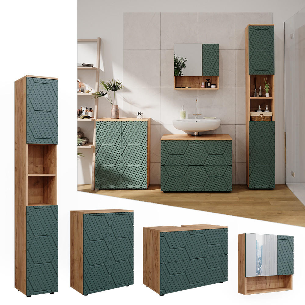 BADMÖBEL-SET Irma Grün 4 Teile, mit Schubladenschrank und Midischrank - Eiche Wotan/Grün, Holzwerkstoff (80/58/41cm) - Vicco
