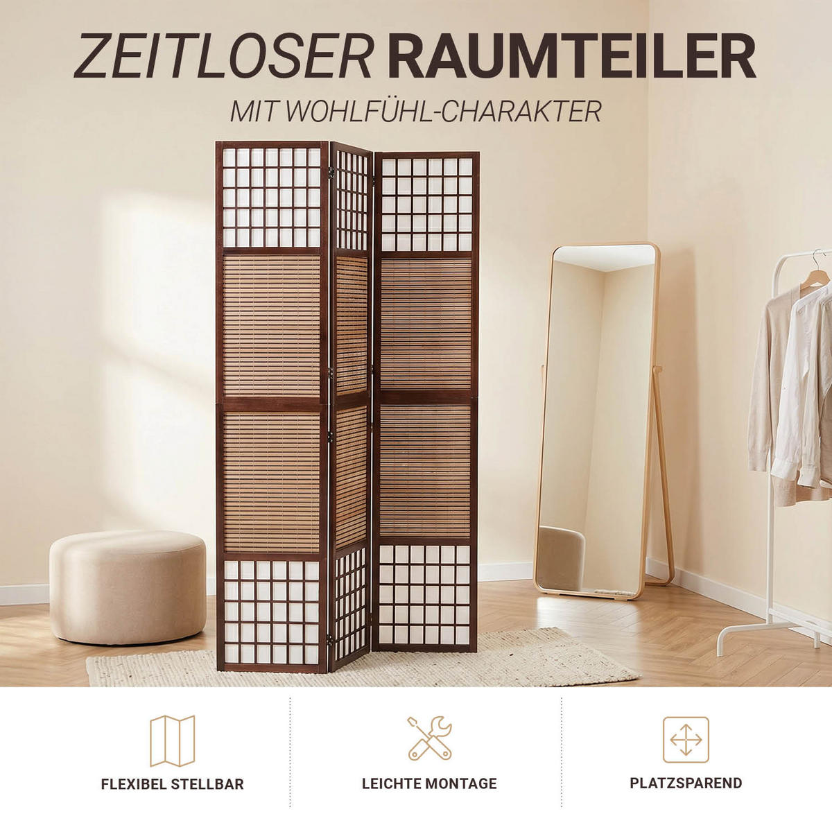PARAVENT 3-tlg. 120/200 cm Braun Bambusstreben - Braun, Holz (120/200/2cm) - Homestyle4u