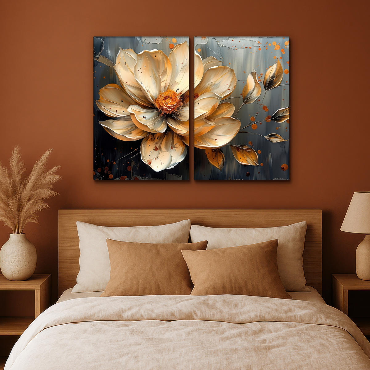 LEINWANDBILD 2er Set Blume - Gold - Abstrakt - Farbe 120x90 cm - Creme, Textil (120/90cm) - MuchoWow