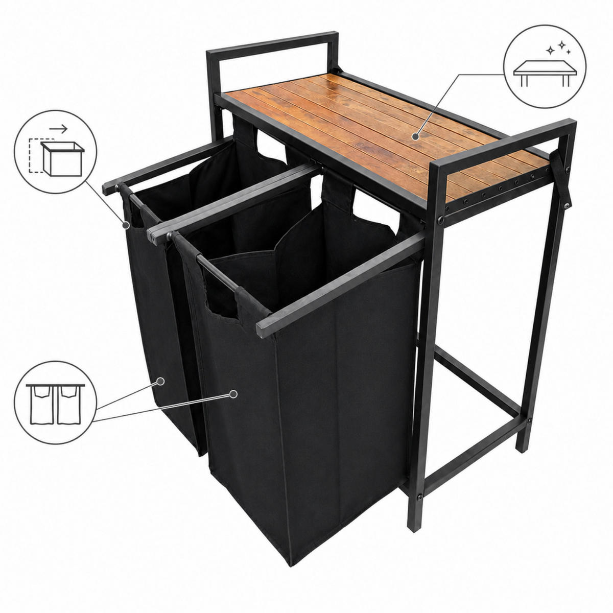WÄSCHEKORB – Metall – Schwarz – 2 herausnehmbare Wäschesäcke – Ablage – 73x33x71 cm (92l) - Schwarz/Braun, Metall (73/71/33cm) - Begryf