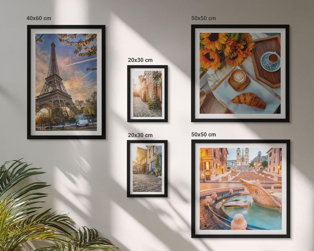 BILDER SET 5er Set - 50x50 cm & 20x30 cm & 40x60 cm Schwarzer Rahmen - Charmante Straßen mit Kaffee - Schwarz, Kunststoff (40/60cm) - TULUP