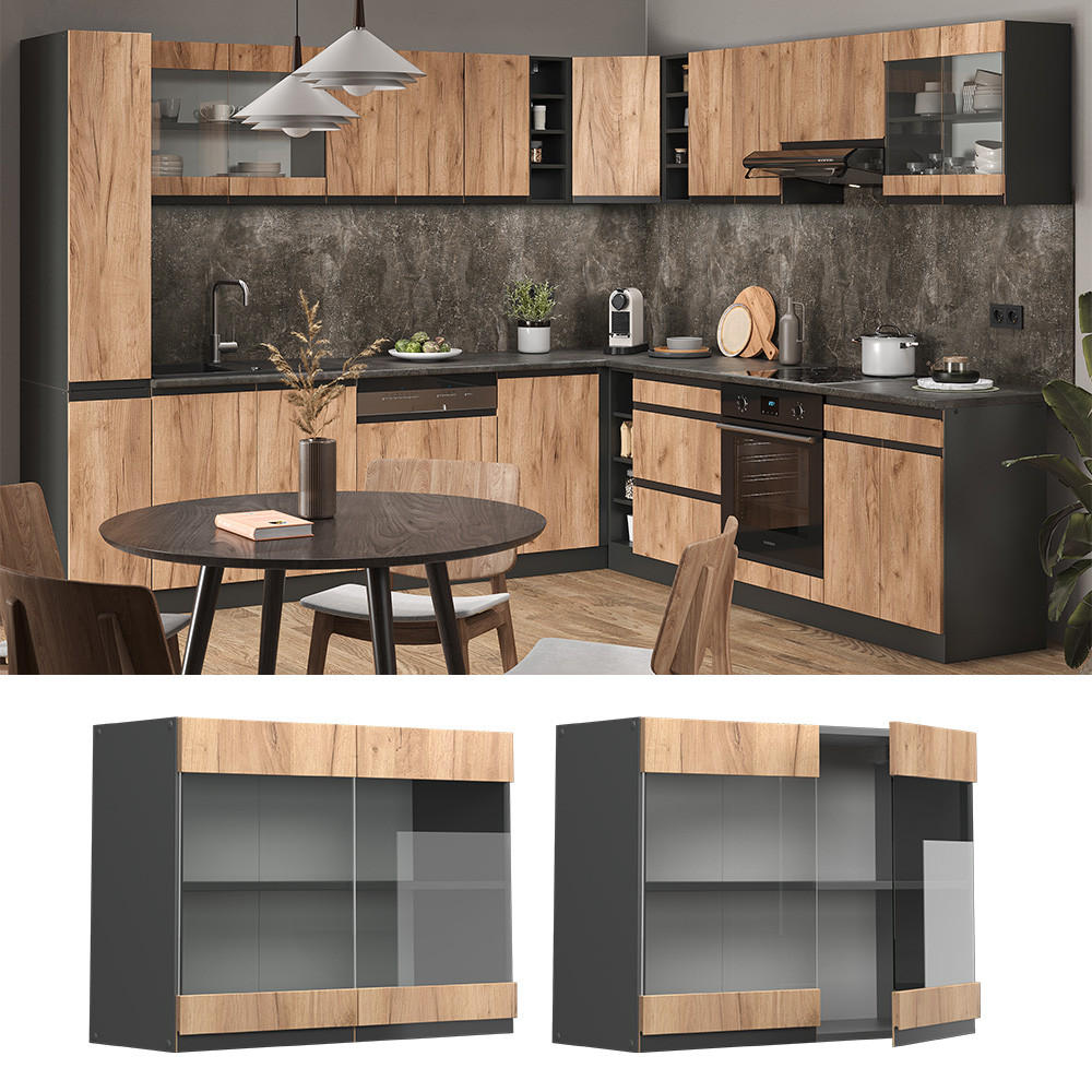 KÜCHENGLASSCHRANK R-Line Goldkraft Eiche 80 cm J-Shape - Anthrazit/Eiche Wotan, Holzwerkstoff (80/60/31cm) - Vicco