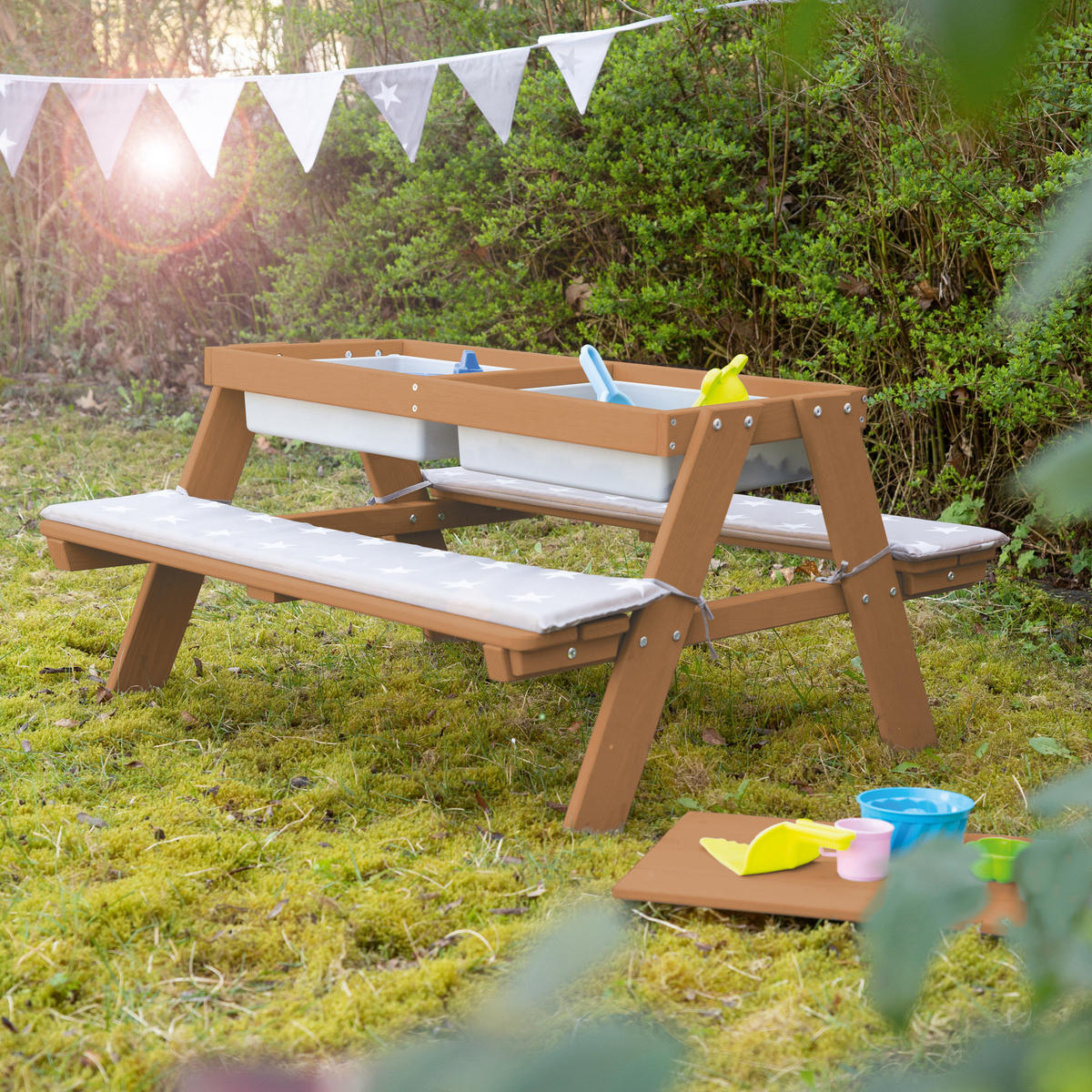 KINDERSITZGARNITUR OUTDOOR + mit Spielwannen und Bankkissen - Teakfarben, Holz - Roba