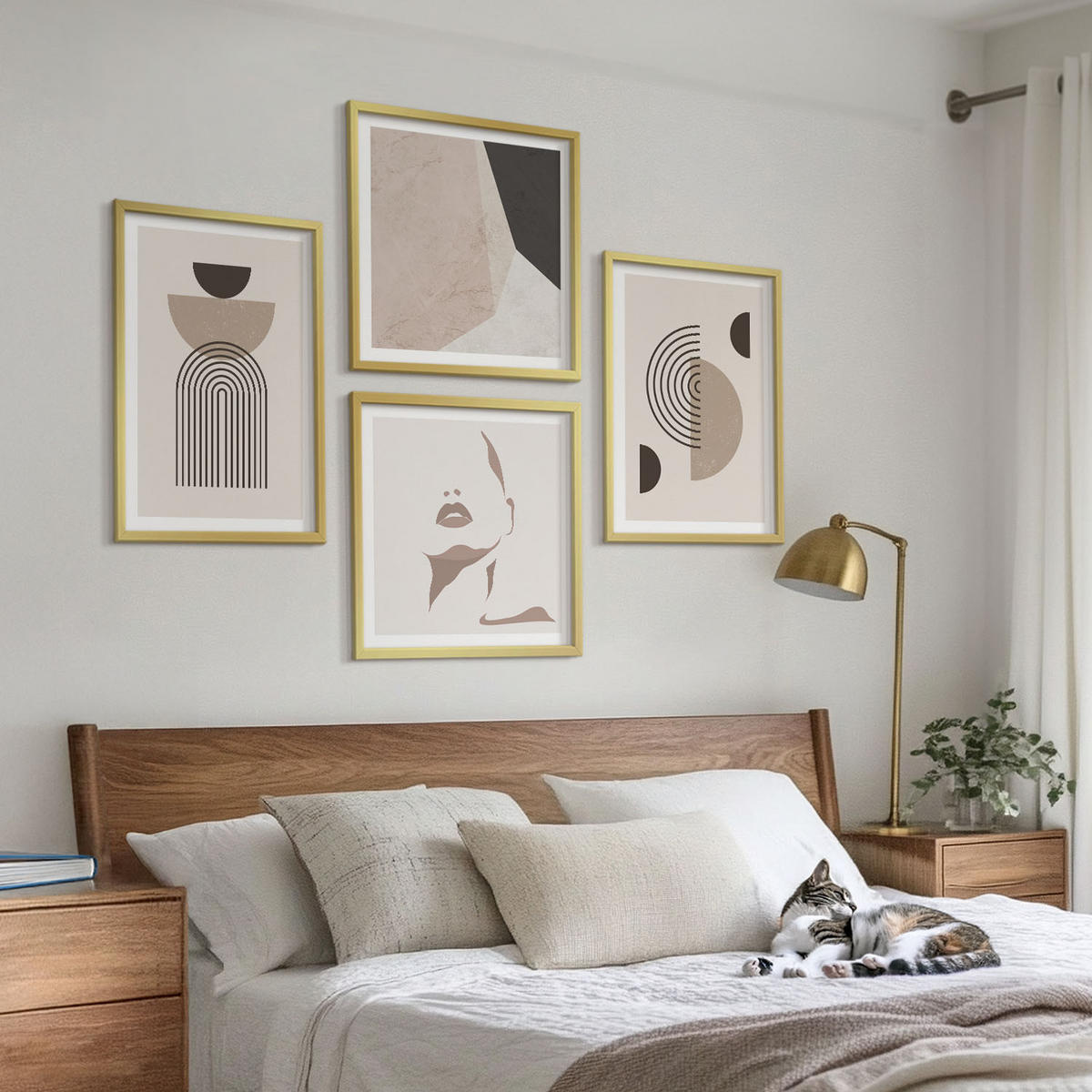 BILDER SET 4er Set - 50x50 cm & 40x60 cm Goldrahmen - Abstrakte Gesichtsformen - Goldfarben, Kunststoff (50/50cm) - TULUP