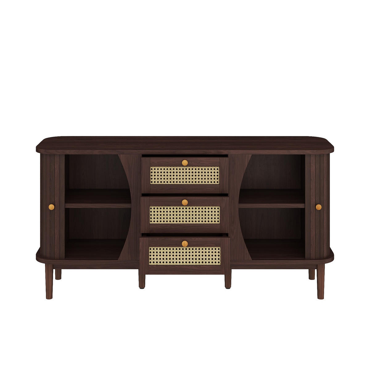 SIDEBOARD 140,5/40/76 cm mit 2 Schiebetüren & 3 Rattanschubladen in Walnuss-Optik - Naturfarben, Holzwerkstoff (140.5/73/40cm) - BEAOK