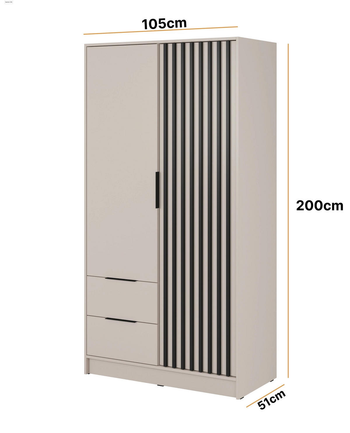 KLEIDERSCHRANK Stilo in Kaschmir, zweitürig, mit Spiegel und Lamellen an der Vorderseite - Kaschmir/Schwarz, Holzwerkstoff/Kunststoff (105/200/51cm) - Ravio