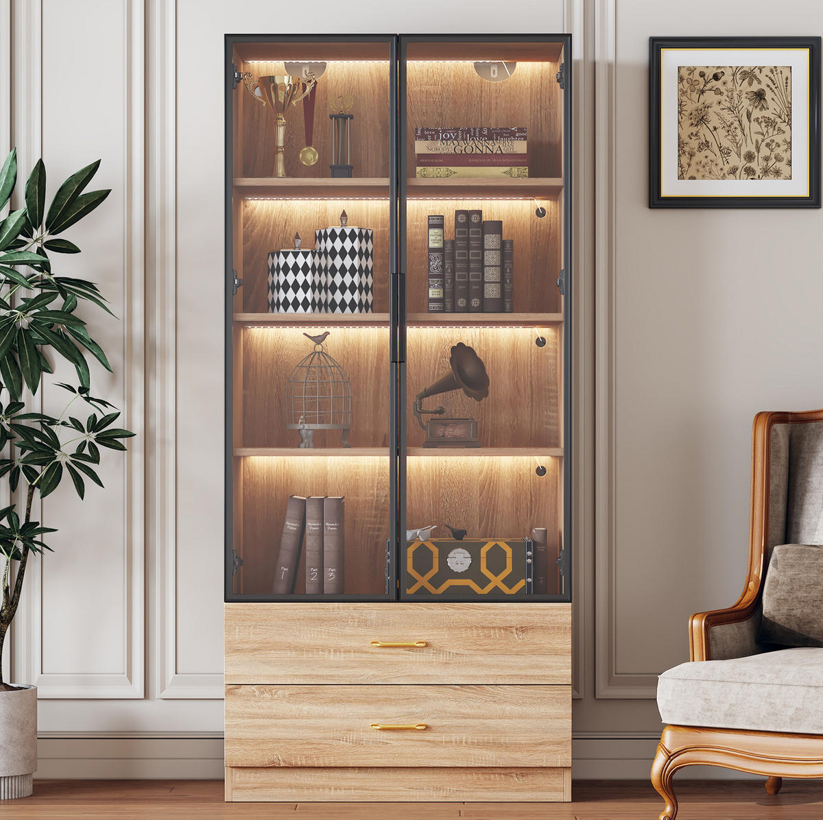 VITRINE 75 cm Braun mit Lichtleiste und Glastür - Braun, Holzwerkstoff (75/170/34.5cm) - Flora Grace