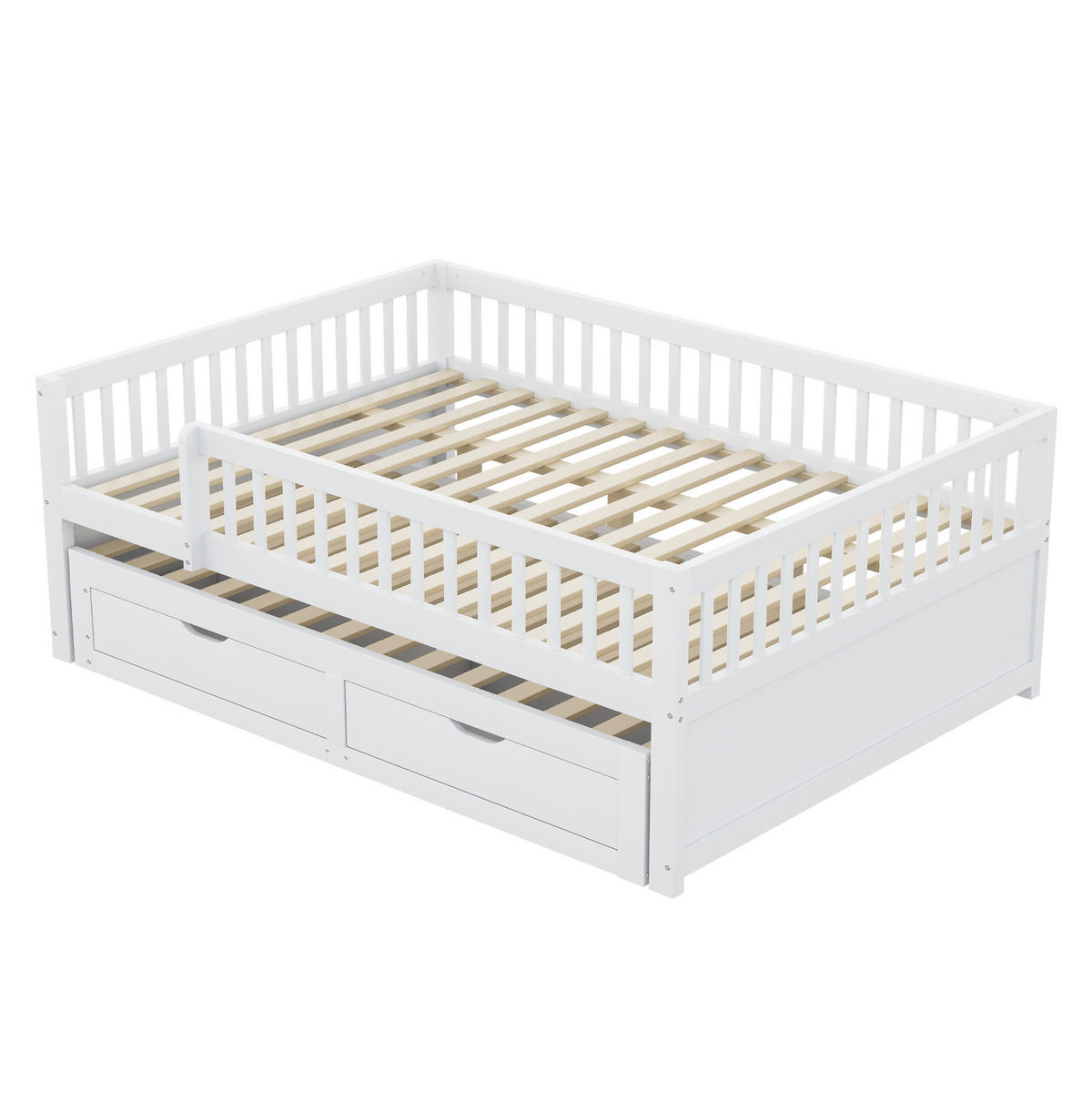 MULTIFUNKTIONSBETT 140/200 cm aus Massivholz mit Sicherheitsgitter und Ausziehbett Weiß - Weiß, Holz - OKWISH