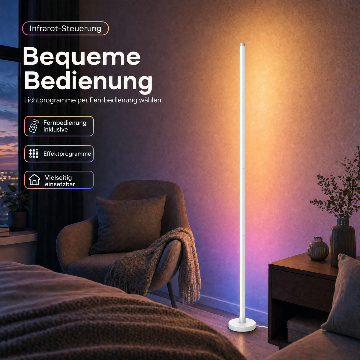 LED-ECKLAMPE - mit Fernbedienung und Soundsensor für RGB- und warmweißes Licht - Weiß, Kunststoff (15.5/15.5/147.5cm) - Northpoint